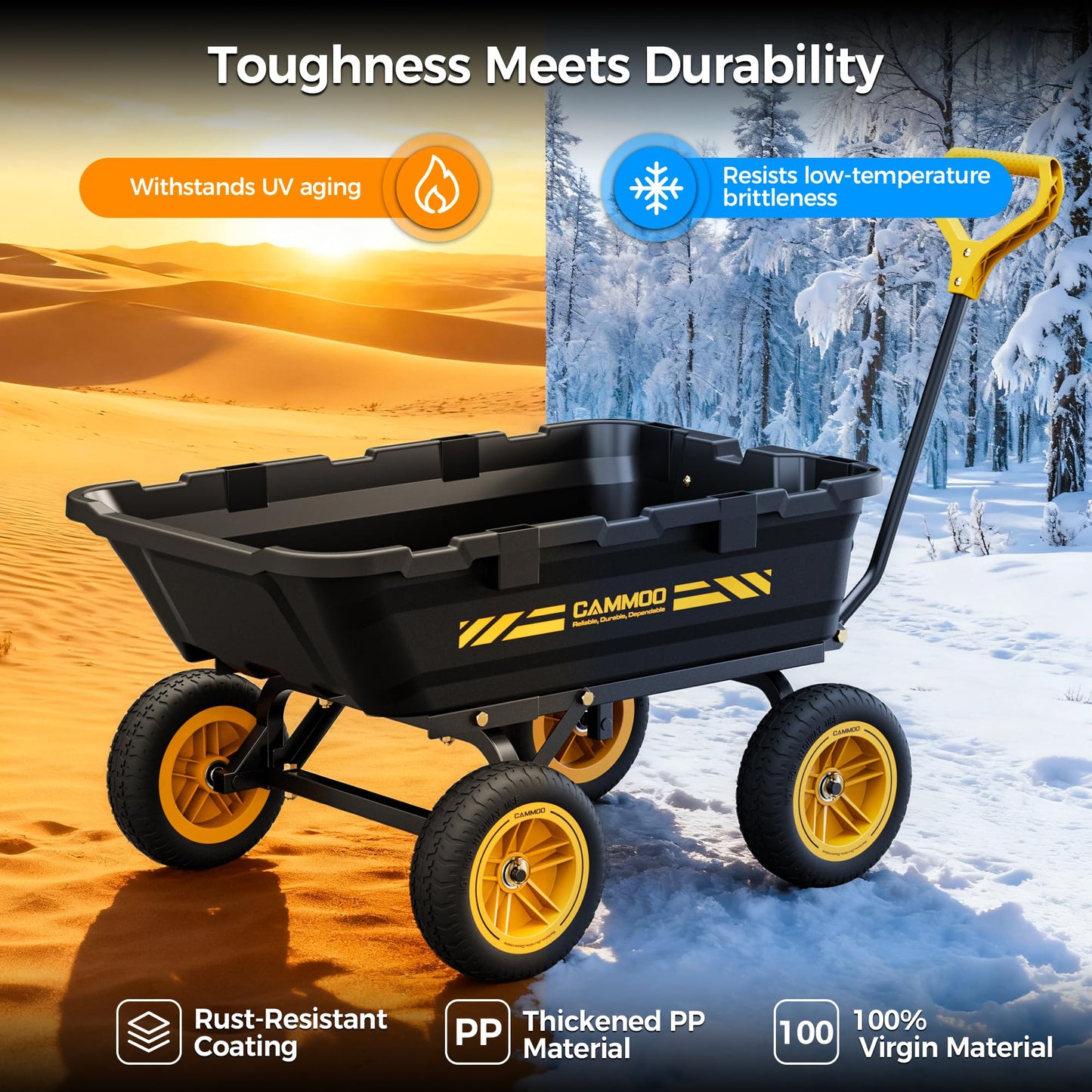 CAMMOO 10in NO-FLAT TIRES 900lb Heavy-Duty Garden Dump Cart DIY Expandable Capacity Over 4 Cu.Ft. Utility Wagon with Quick-Release Dumping & Prime Grade 100% Virgin Polypropylene-Not Recycled Material