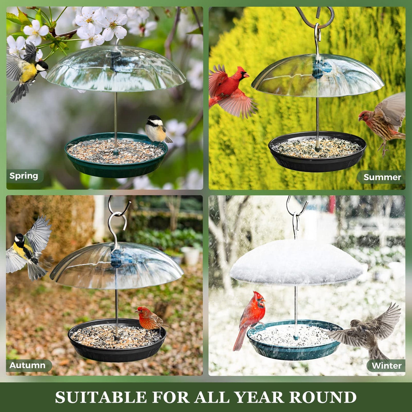 Kingsyard Adjustable Platform Bird Feeder for Outdoors, Hanging Metal Seed Tray with Clear Rain Proof Dome, Large Capacity for Wild Bluebird Cardinal Dove Mealworm, Black
