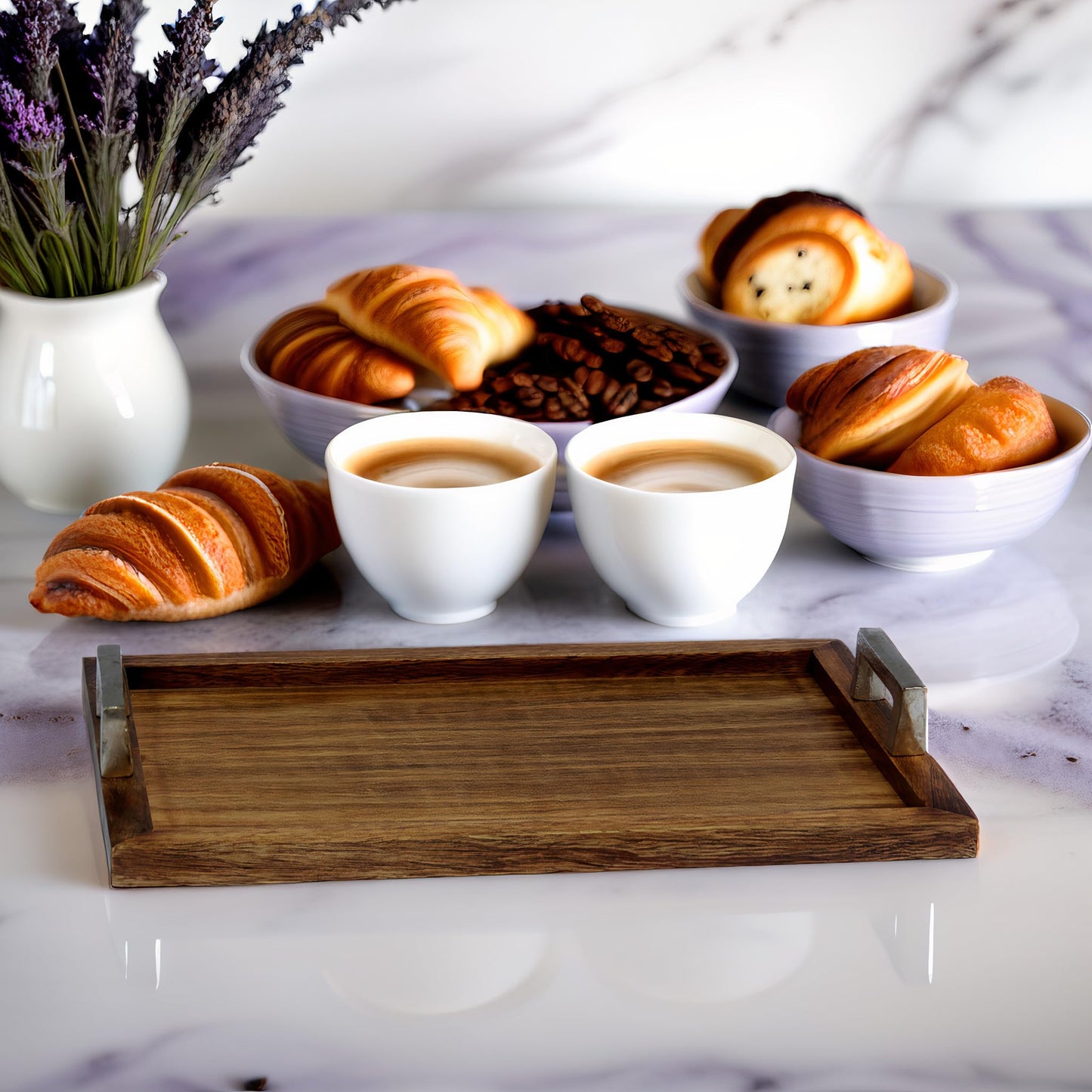 Premium Wooden Serving Tray with Aluminum Handles | Handcrafted Solid Wood Decorative Tray for Kitchen, Dining & Coffee Table | Large Rustic Breakfast Tray | Multipurpose Food & Drink Server