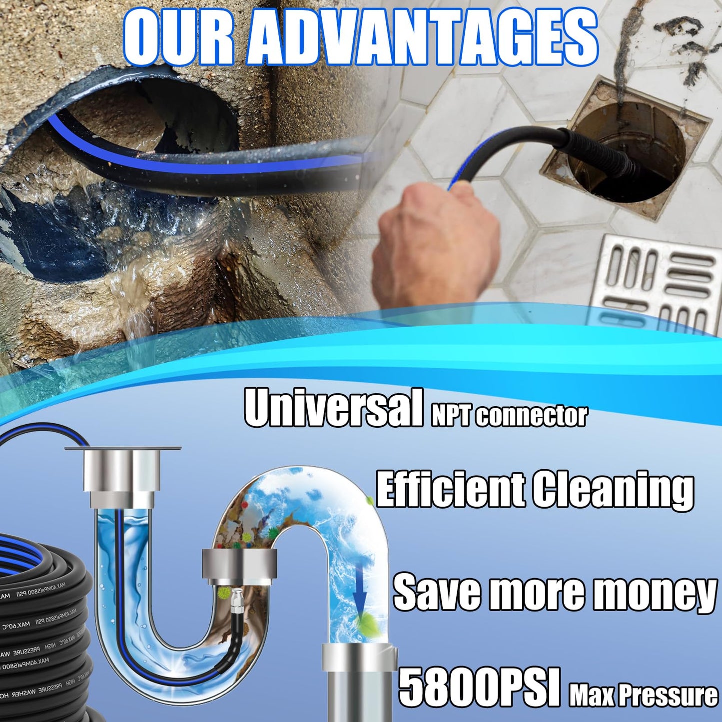 VIVIDWASH Sewer Jetter Kit for Pressure Washer(150FT),1/4" NPT Drain Cleaner Hose 5800PSI with 3 Sewer Jet Nozzles，Pearl Corsage Pin，Marking Ring,Spray Nozzle，Teflon Tape&Gloves