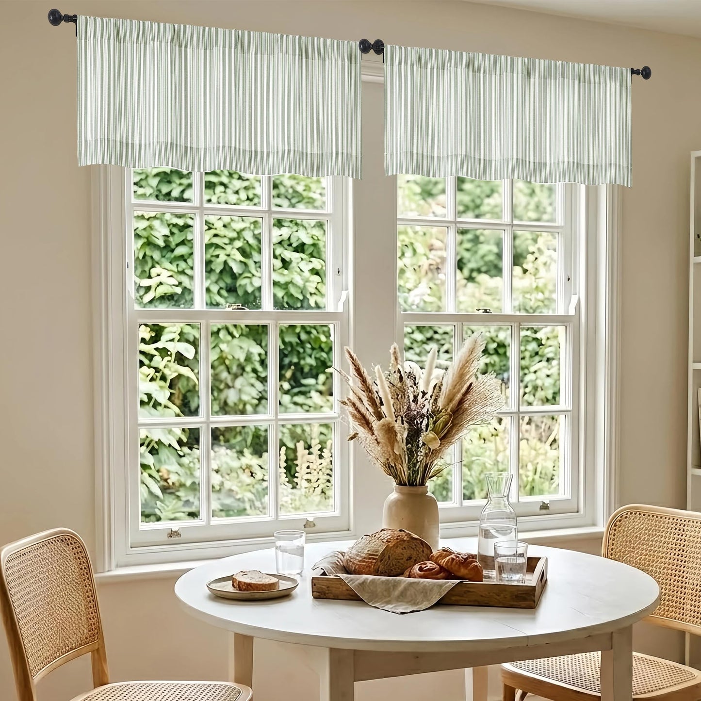 Chyhomenyc Striped Valances for Windows - Light Filtering Faux Linen Small Kitchen Valance Curtains, Boho Ticking Stripe Rod Pocket Farmhouse Valance for Living Room, 52Wx14L, 2 Pieces, Sage Green