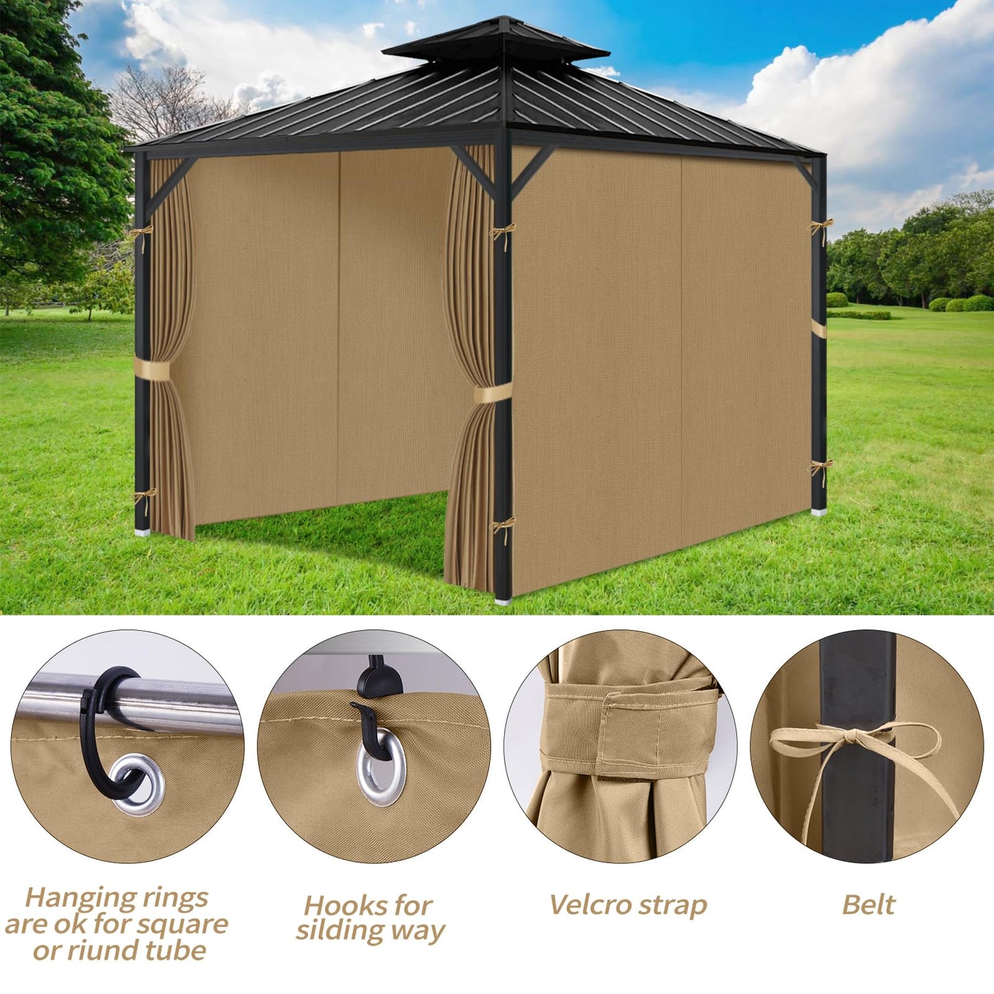 Gazebo Privacy Curtains 11' x 13' with Zipper 4-Panels Side Wall Universal Replacement for Patio, Outdoor Canopy, Garden and Backyard (Curtain Only)