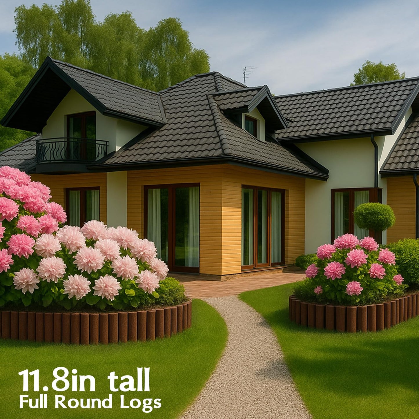 Wood Garden Edging for Landscaping, Round Log Fence Border for Flower Beds, Heavy-Duty Carbonized Pine with Rustic Look, Pre-Connected Natural Logs for Outdoor Paths and Lawns (11.8" H x 35" L, 1Pack)