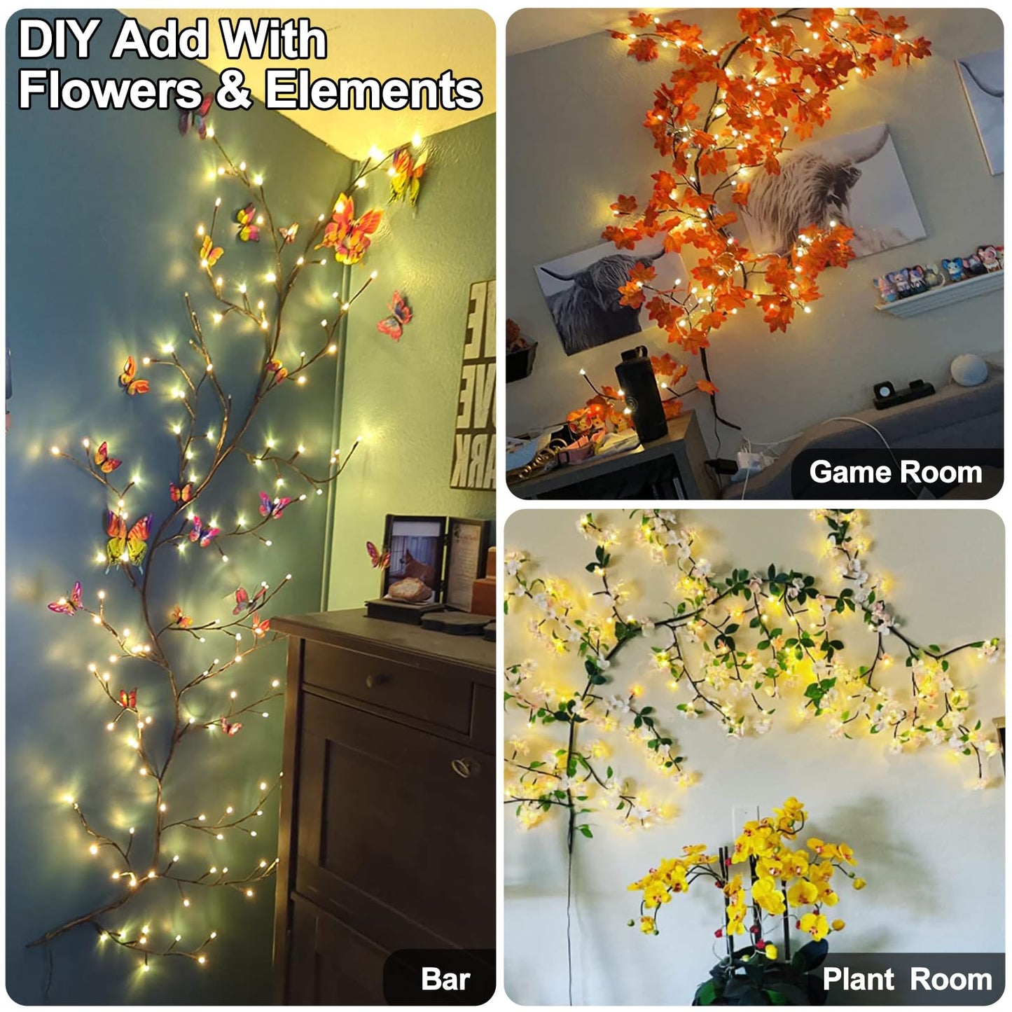 Vines for Home Decor with Remote, 7.5Ft Christmas Swags Decorations Indoor Artificial Plants Tree Branches 144 LEDs Lighted Willow Vine Lights for Walls Bedroom Living Room Decor Aesthetic (1PCS)