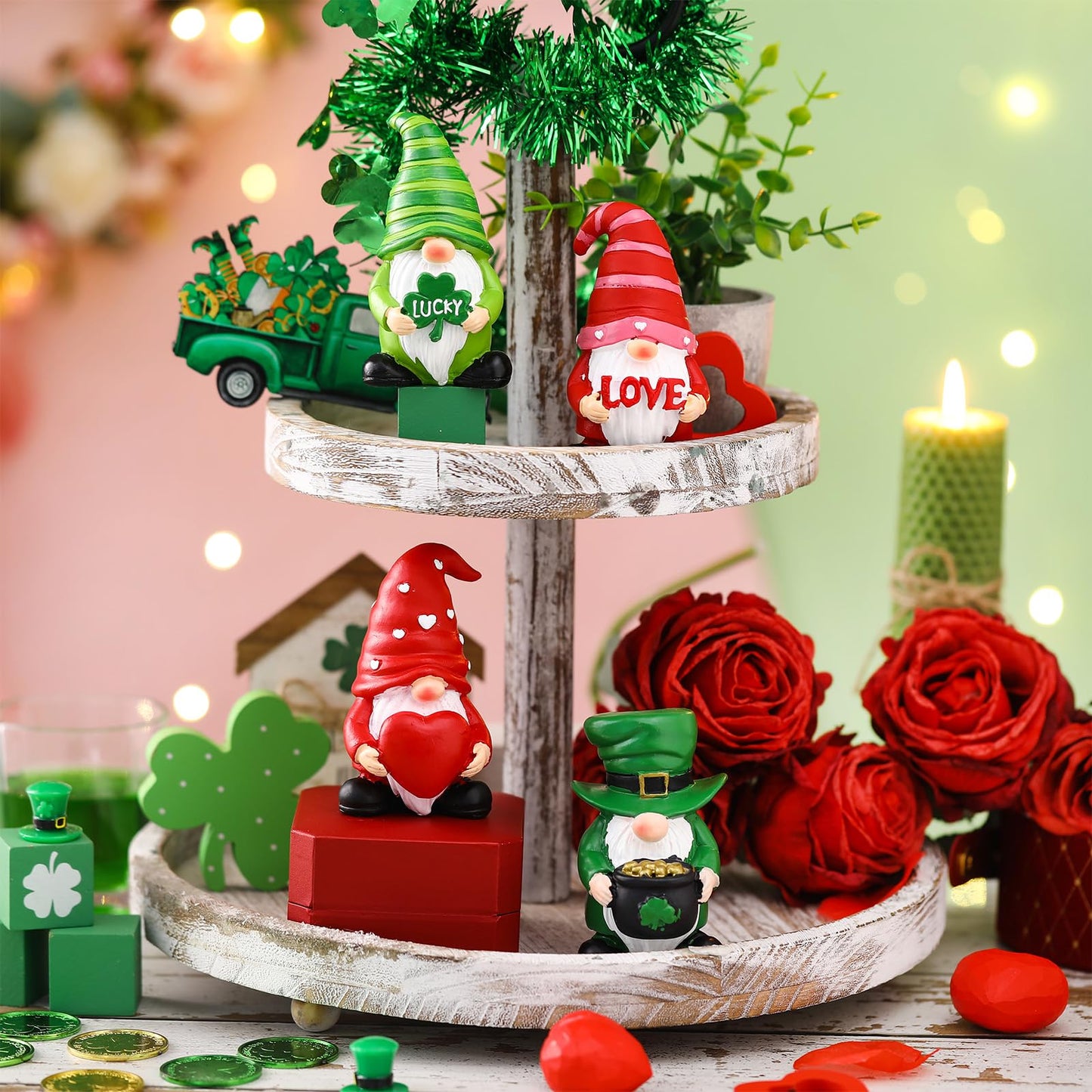 Simgoing 4 Pcs Holiday Gnomes Figurines 2 Valentines 2 St Patrick's Day Gnomes, Resin Love Heart Figurines Lucky Tabletop Decor Holiday Statues Centerpieces for Spring Home Table Tiered Tray