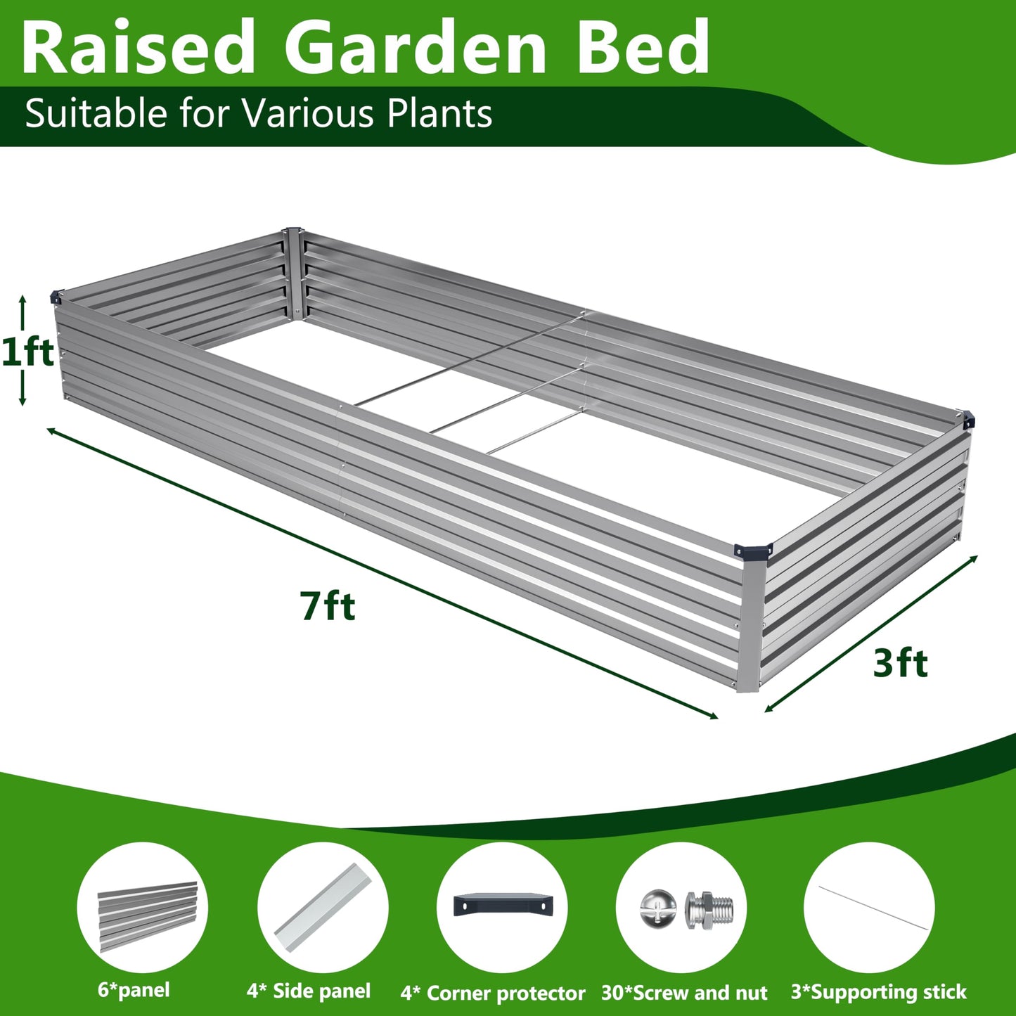Easllre 2PCS 7x3x1ft Galvanized Raised Garden Bed,Outdoor Planter Box Metal Patio Kit Planting Bed for Vegetables Flowers Herb,Silver