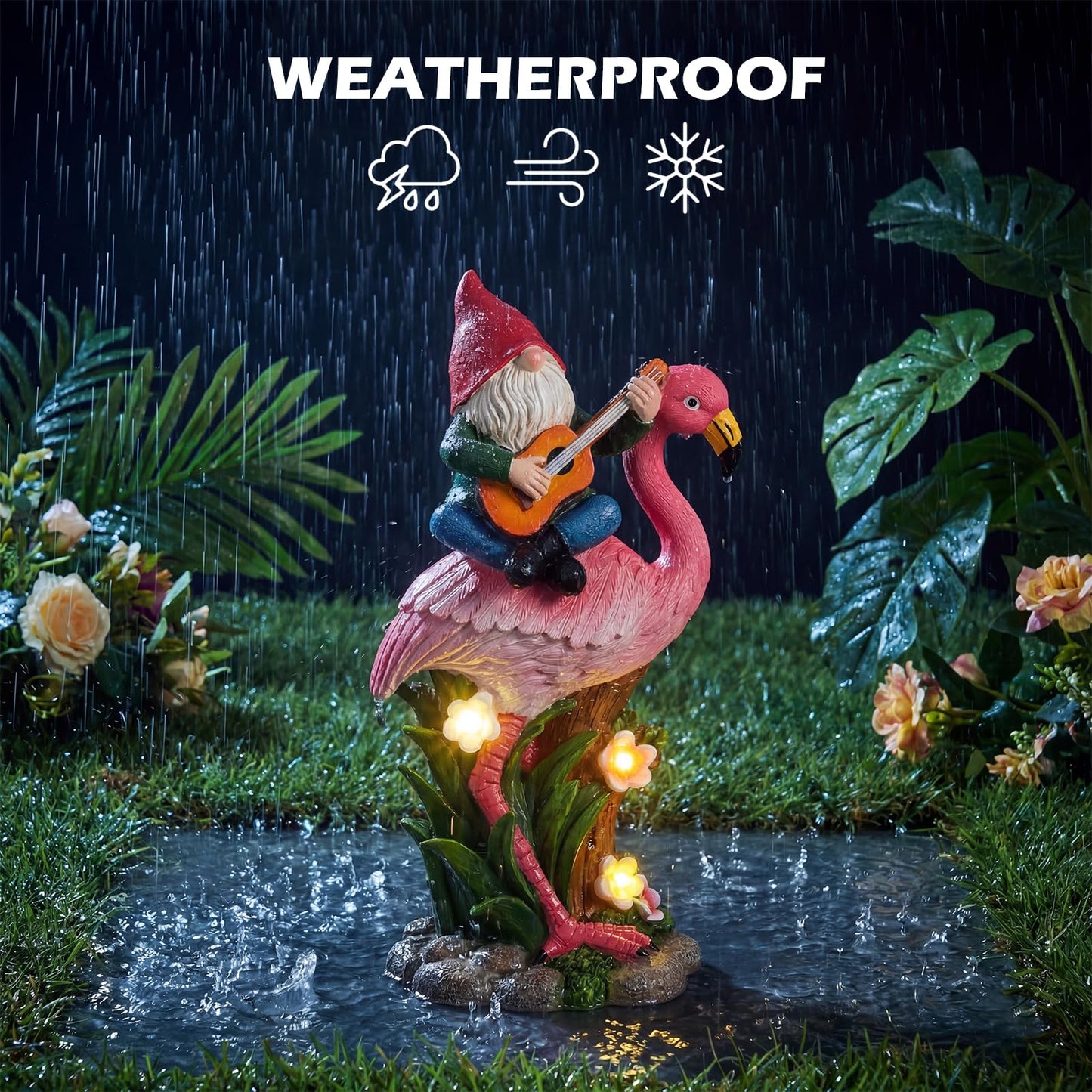 EXYGLO Solar Gnome Garden Statue Decor, 10" Gnome Riding Flamingo Outdoor Funny Decoration for Lawn, Patio, Yard, and Unique Housewarming, Birthday Ornament Gift for Mother, Friend, Family