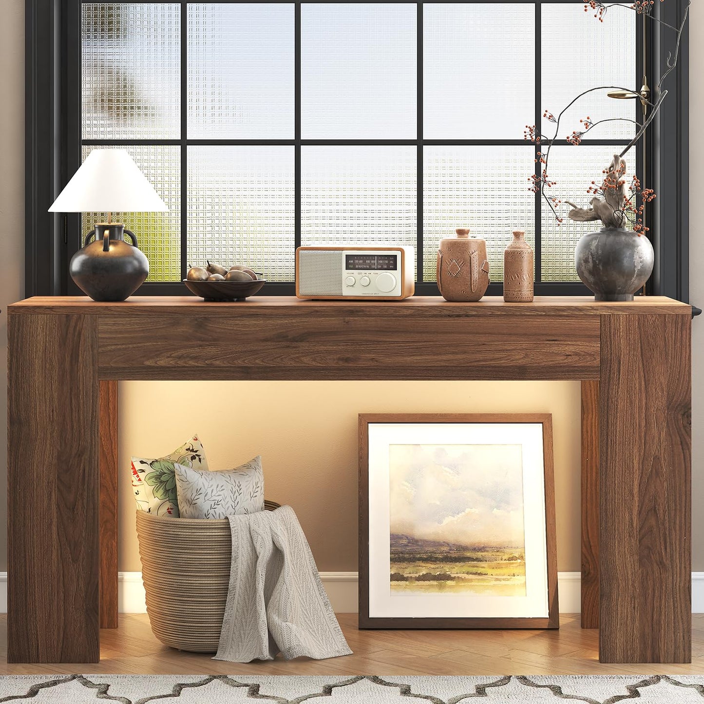 knoworld 63-Inch Long Console Table with LED Light, Farmhouse Sofa Table Behind Couch, Wooden Console Table for Entryway Hallway Entrance Living Room, Brown