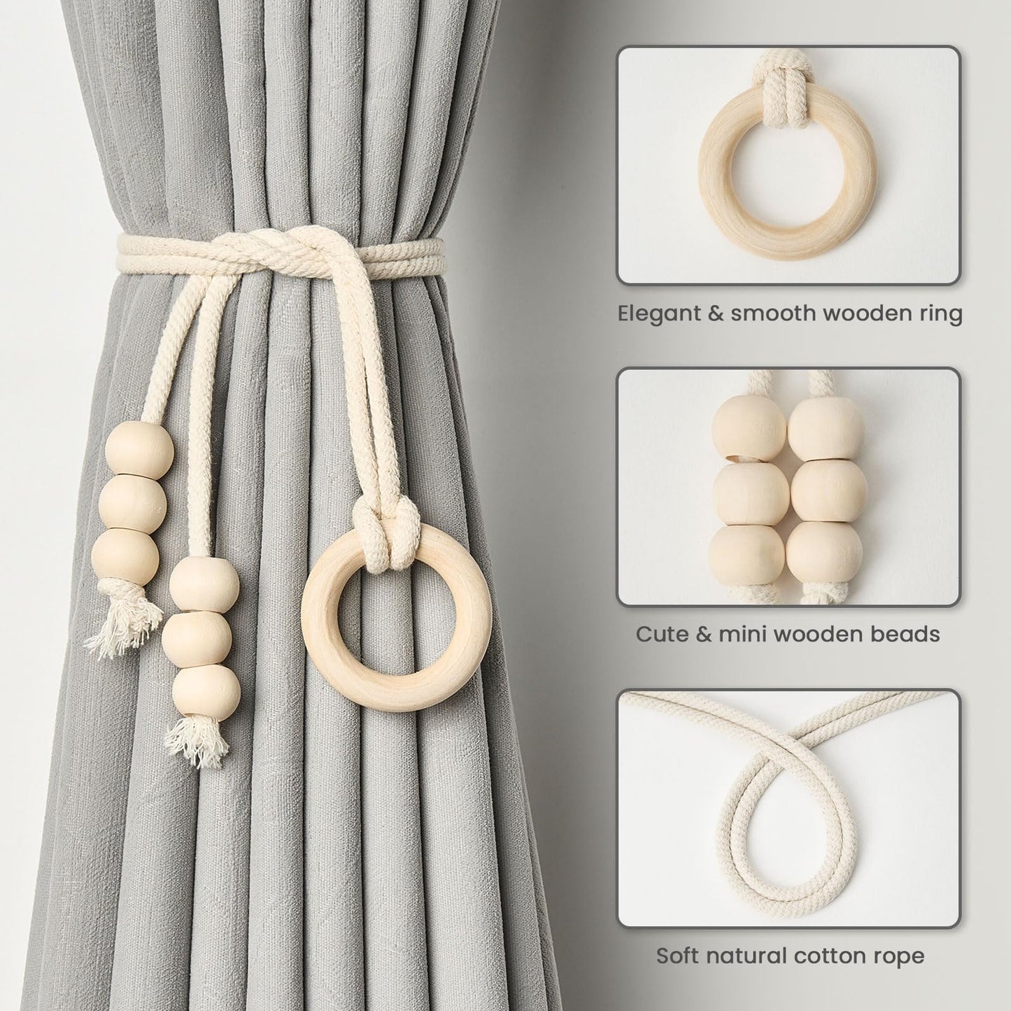 NICEEC 2 Pack Natural Cotton Rope Curtain Tiebacks Boho Style Decorative Drape Tie Backs Elegant Hand Woven Rope Curtain Holdbacks with Wooden Ring for Home & Office Window Drapery (B-Natural)