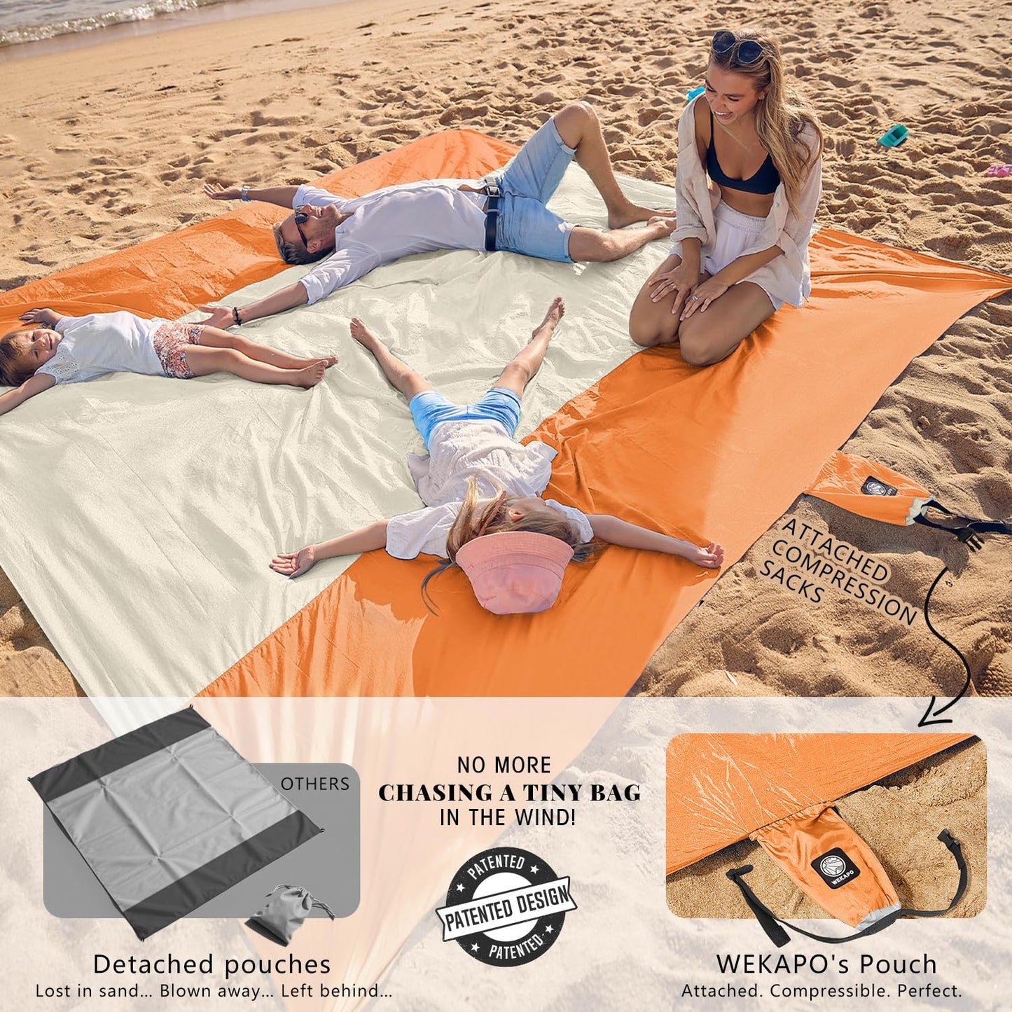 WEKAPO Beach Blanket Sandproof Waterproof, Extra Large Beach Mat, Oversized & Compact Sand Free, Quick Drying Beach Essentials for Vacation, Cruise, Picnic & Camping with Stakes (Orange, 7x7 FT)