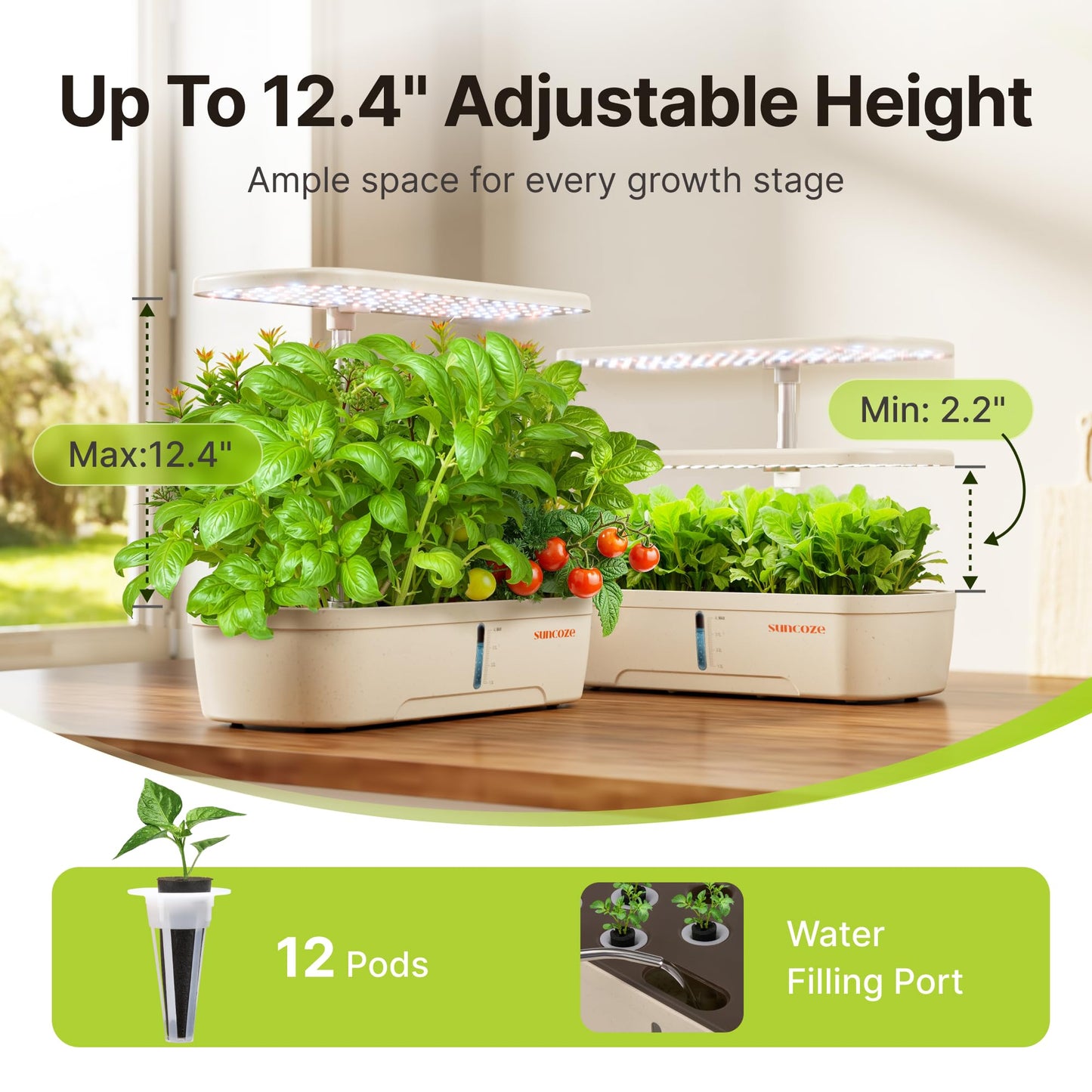 SUNCOZE Hydroponics Growing System Kit 12 Pods, Indoor herb Garden with 20W LED Grow Light, Visible Water Tank with Pump, 2.2"-12.4" Adjustable Height Indoor Gardening System, Gardening Gifts, Beige