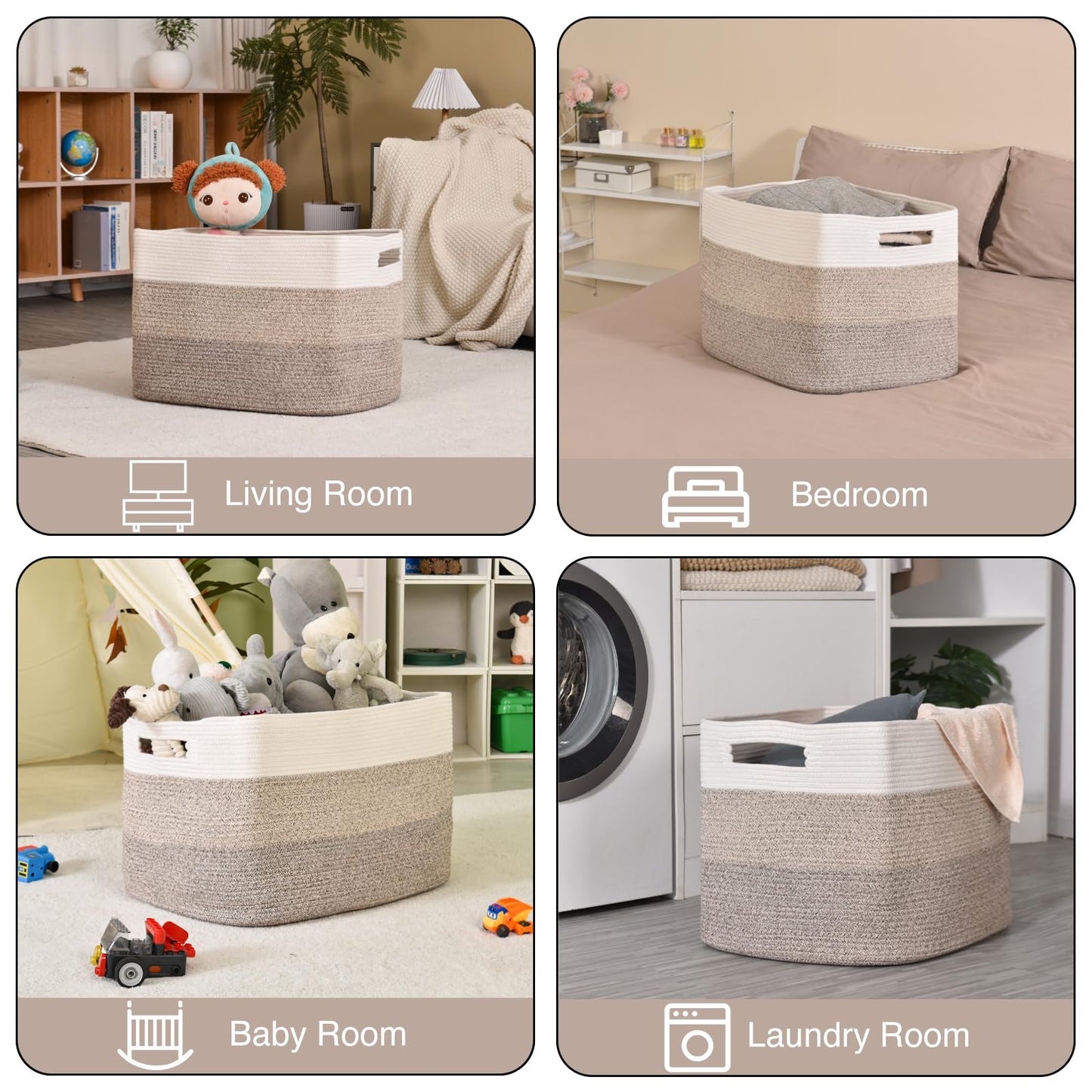 ICERZCZ Extra Large Blanket Basket Living Room, Rectangle Storage Basket, Large Woven Baskets for Storage, Cotton Rope Basket for Toys, Clothes, Gradient Brown - 25”x16”x16” (105L)