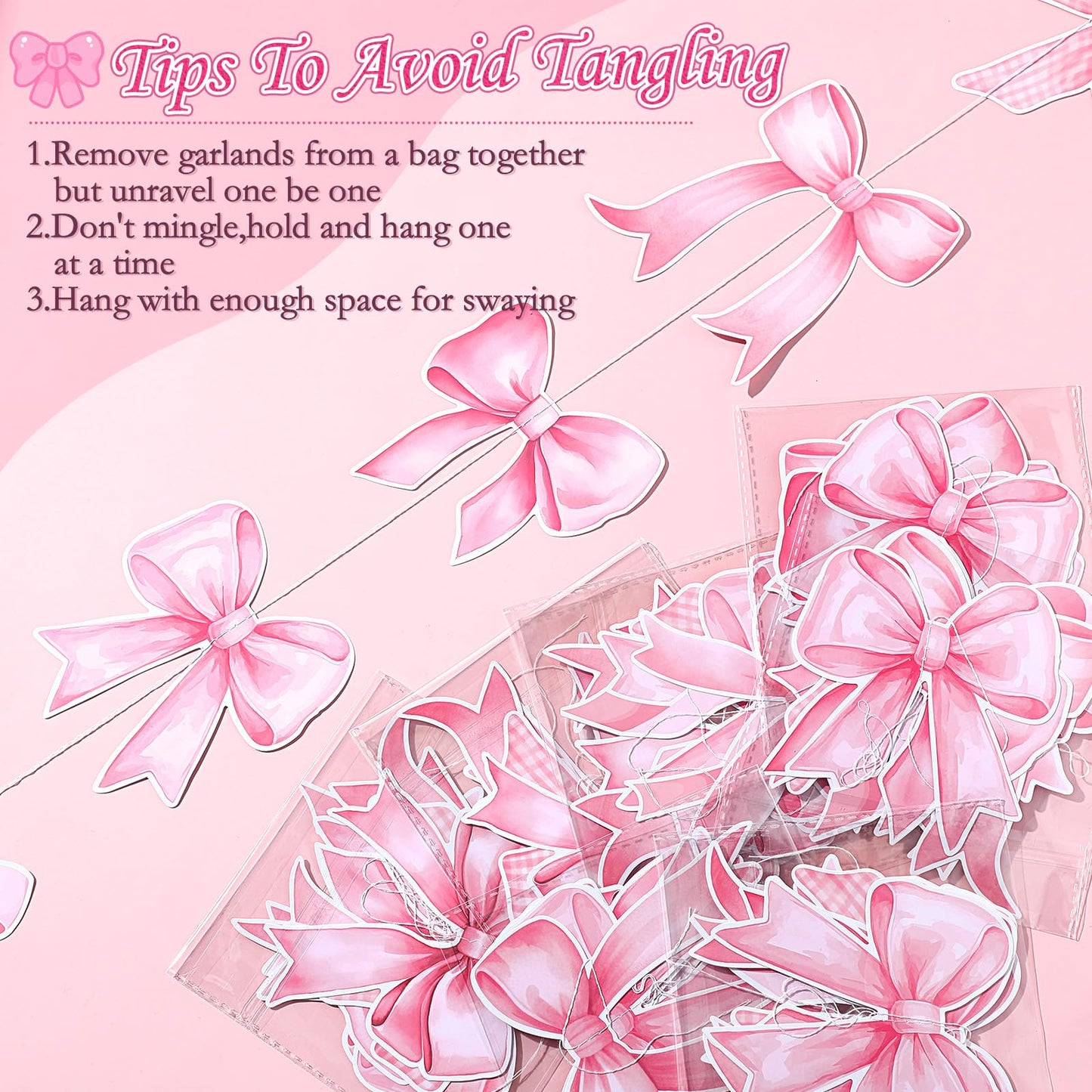 Daifunli 8 PCS Bow Decorations Bow Hanging Banners Garland Banners Paper Cutouts Ribbon Streamers for Birthday Bridal Engagement Bachelorette Wedding Party Decor(Pink)