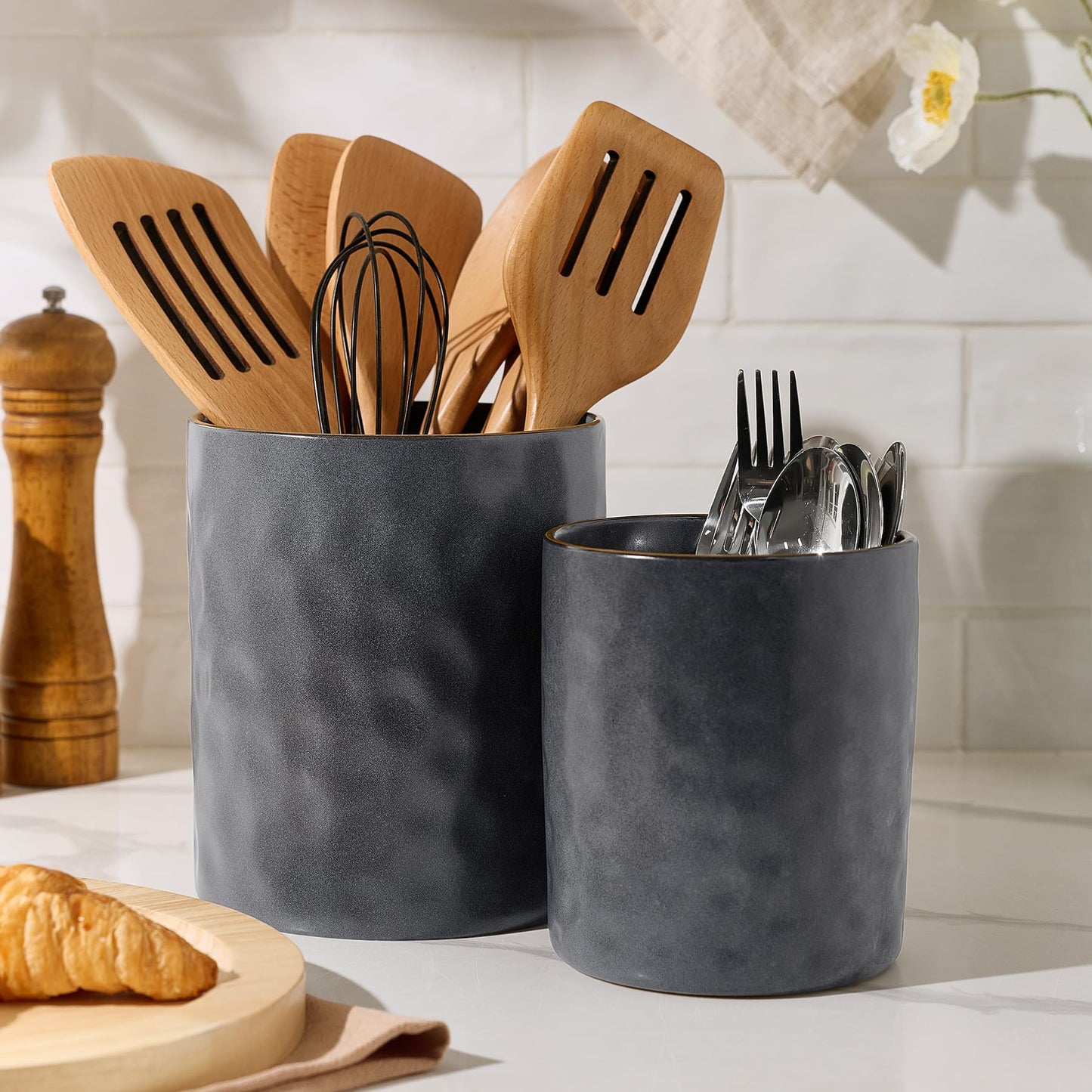 famiware Ocean Utensil Holder, 7.2"+5.8" Ceramic Kitchen Utensil Holder for Countertop, 2 Pieces Cooking Utensil Crocks, Utensil Organizer for Spatula & Spoon, Kitchen, Set of 2, Matte Dark Charcoal