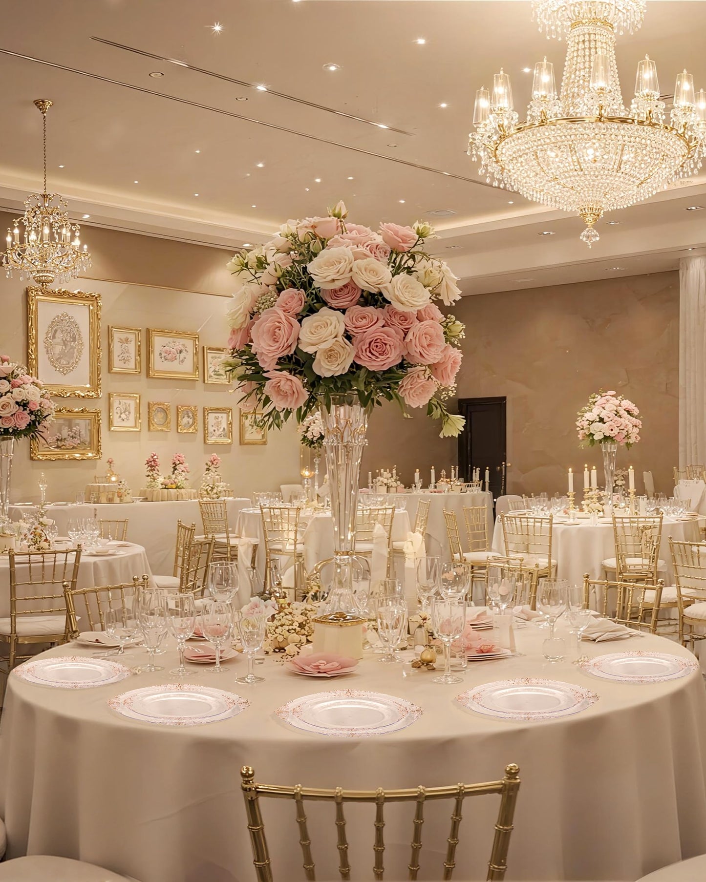 Nervure 175PCS Rose Gold Plastic Plates - Disposable Rose Gold Party Plates & Pre Rolled Napkins with Cutlery for 25 Guests, 50Plates, 75Silverware, 25Cups, 25Napkin for Wedding & Party & Mothers Day