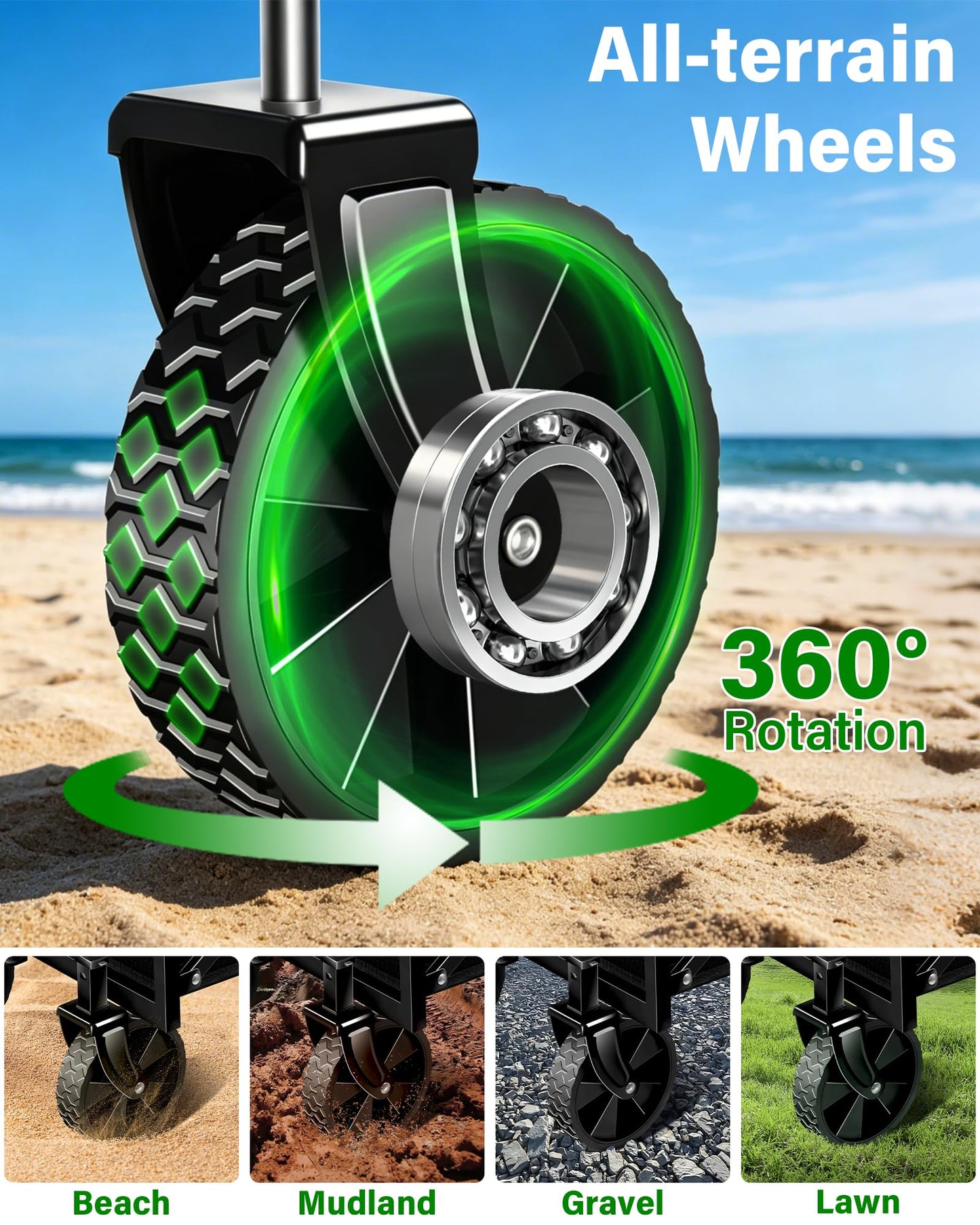 Collapsible Wagons Carts Foldable Wagon, Foldable Wagon Cart with Wheels, Folding Wagons for Beach Camp Sports Garden, 2 Cup Holders/Lightweight Portable/Black/360 LBS