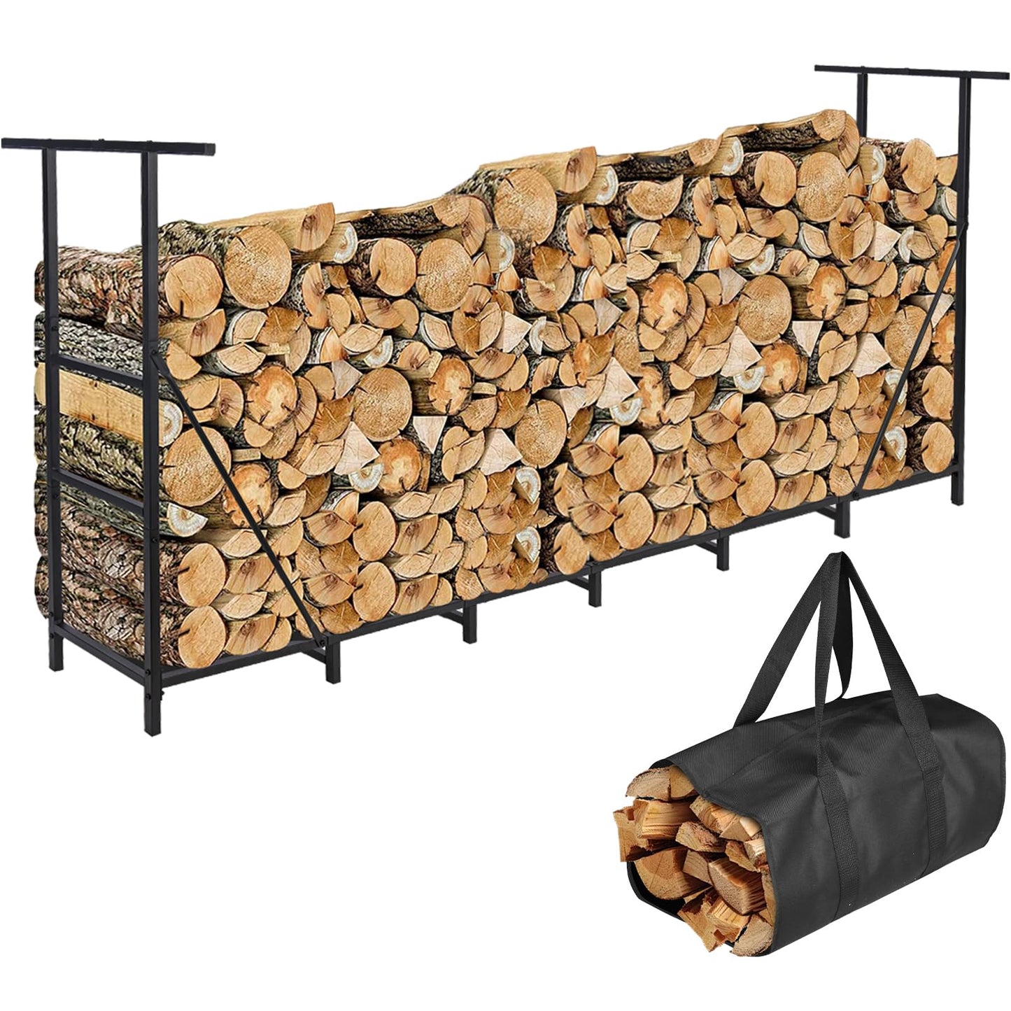 HONEST OUTFITTERS 8ft Firewood Rack Outdoor, Adjustable Heavy Duty Firewood Holder, Adjustable Wood Racks for Outdoor Indoor, Metal Log Racks for Firewood with Firewood Bag Carrier, Black