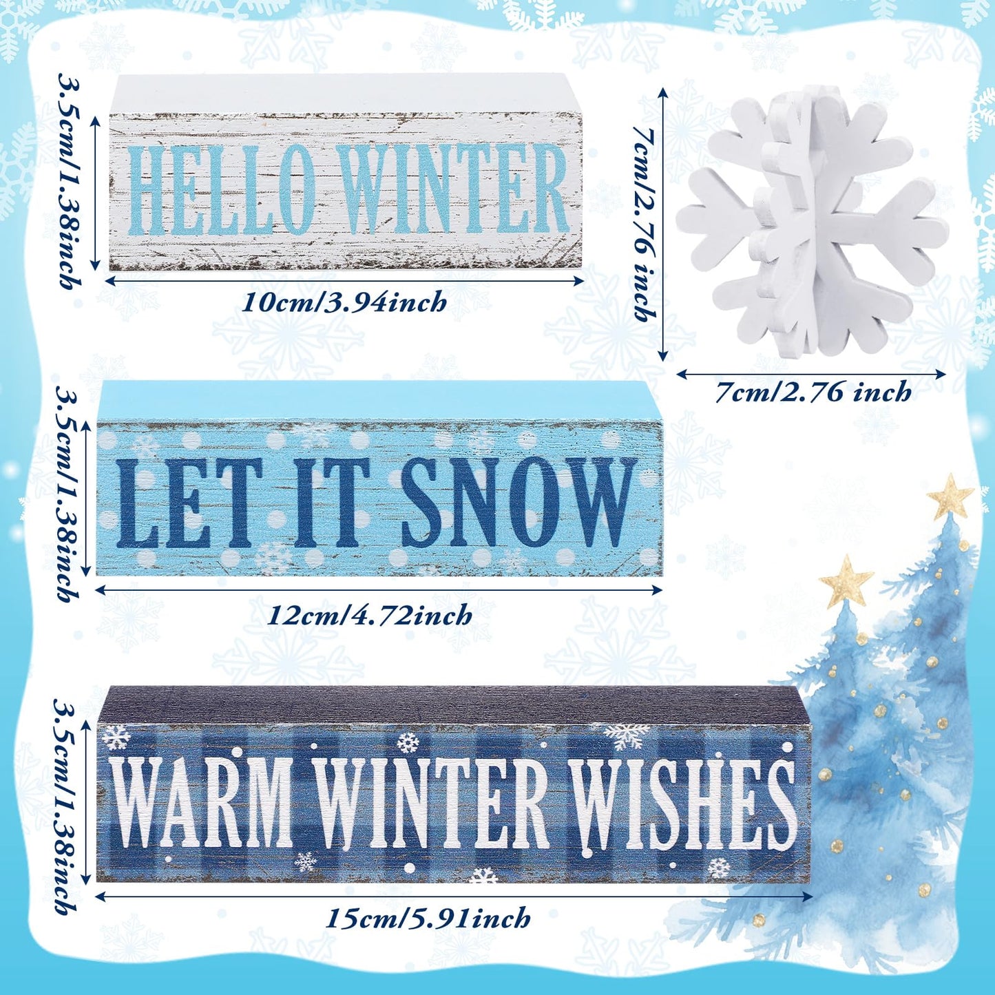 Geelin 4 Pieces Hello Winter Wooden Table Decorations Let It Snow Wooden Signs Rustic Snowflake Tiered Tray Decor Winter Wishes Tabletop Centerpieces for Home Desk Room Kitchen Shelf