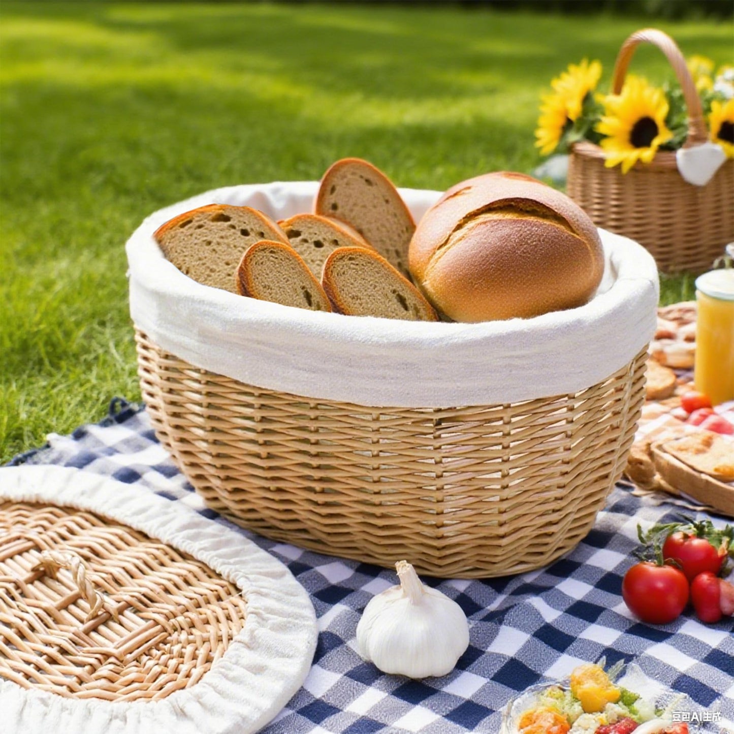 Wicker Bread Basket Serving with Lid & Removable Lining, Sourdough Proofing Basket,Eco-friendly Bread Storage basket Ideal for Picnics & Dining (Oval)