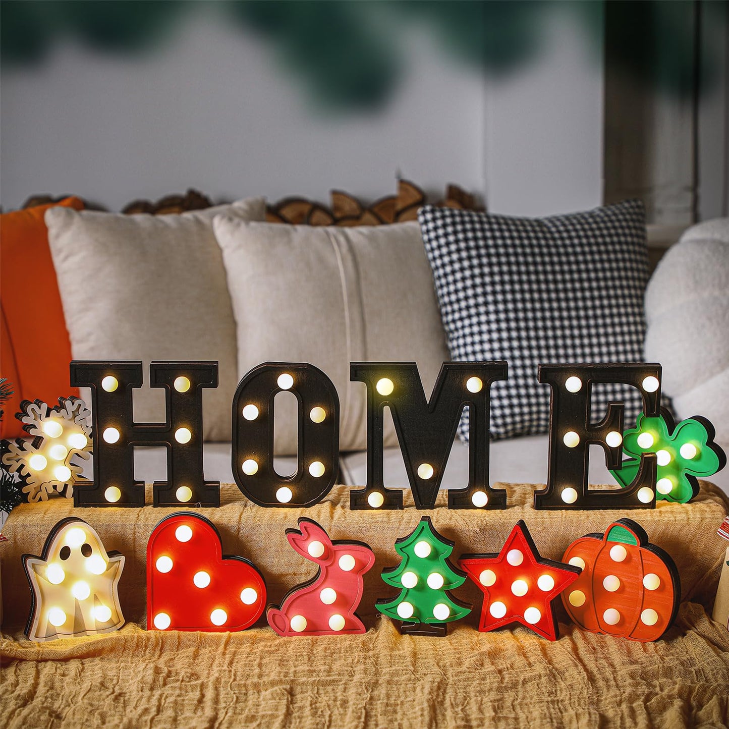 Aurelema Interchangeable Home Table Signs with 8 Pcs Seasonal Icons Wooden "home" Letter Signs with LED Marquee Light up Interchangeable Holiday Decorative Centerpiece for Holiday Room Decoration