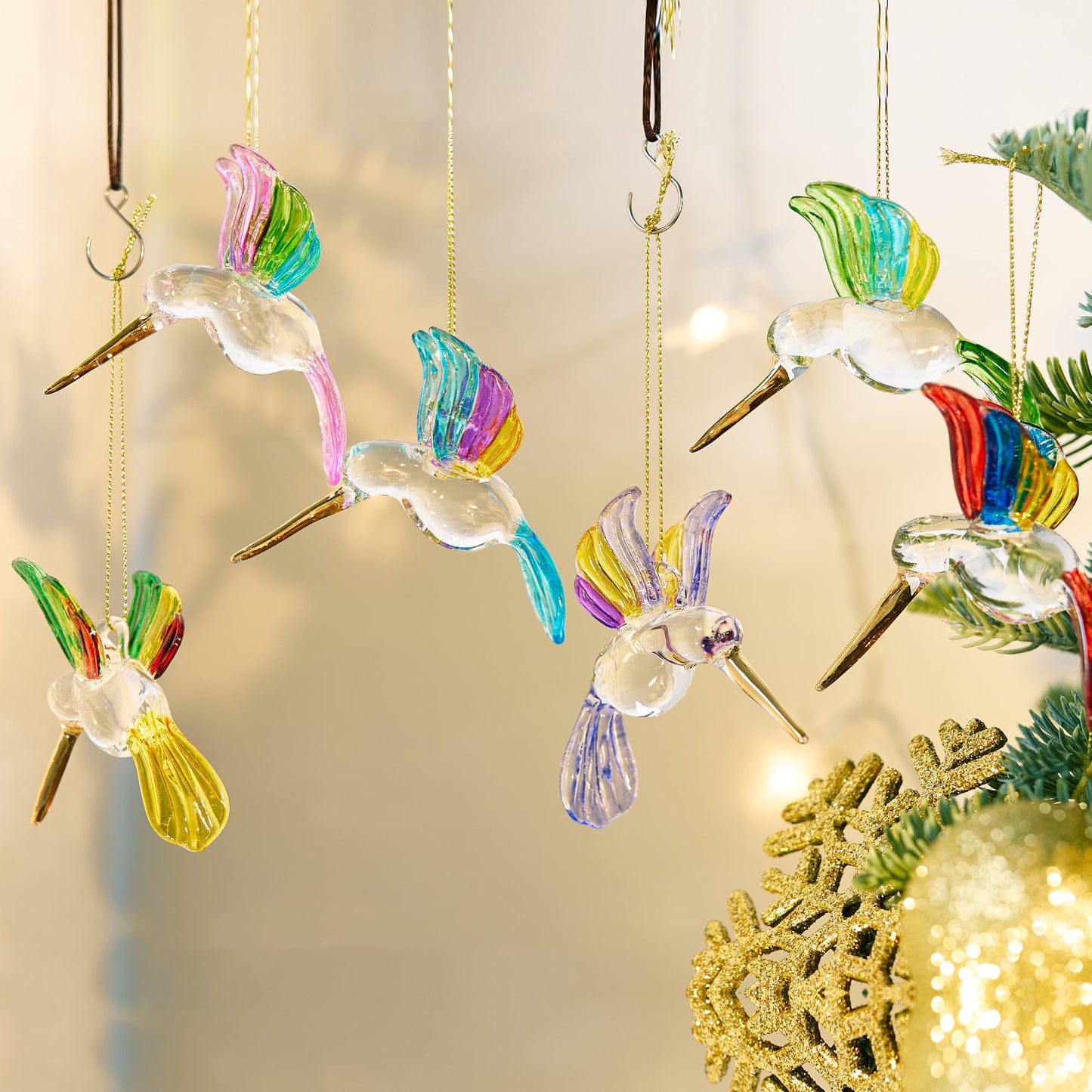 6Pcs Hand Blown Glass Hummingbird 1.3''*2.7'' Small Hanging Ornaments Crystal Humming Bird Figurines Collectible Decor for Home
