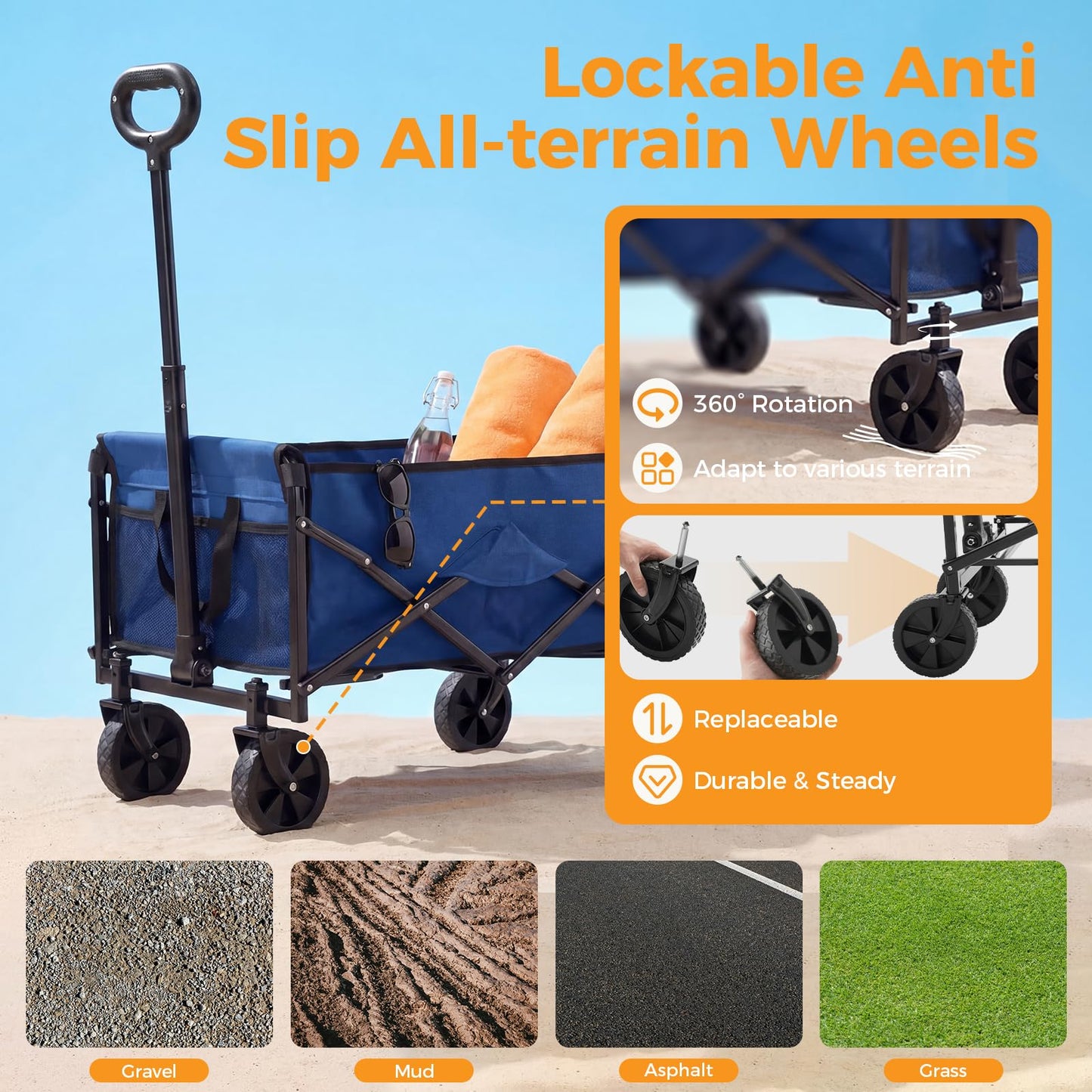 NEWBULIG Collapsible Wagon Cart, 67L Compact, Lightweight & Portable Heavy Duty Pull Cart with Wheels, 220 lbs Capacity, Adjustable Handle for Beach, Sports, Camping, Shopping & Garden, Blue