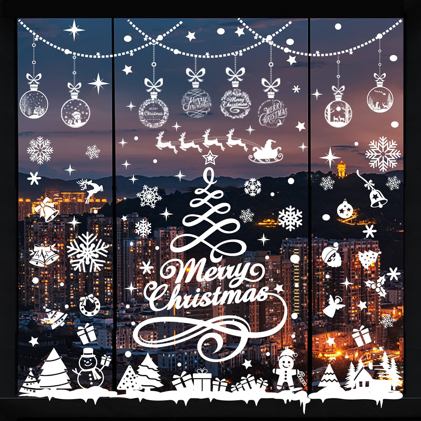 Whaline 9 Sheets Christmas Window Clings Stickers Double-Sided Merry Christmas Tree Snowflake Window Decals White Holiday PVC Stickers for Home Shop Glass Display Decoration, 9 Sheets