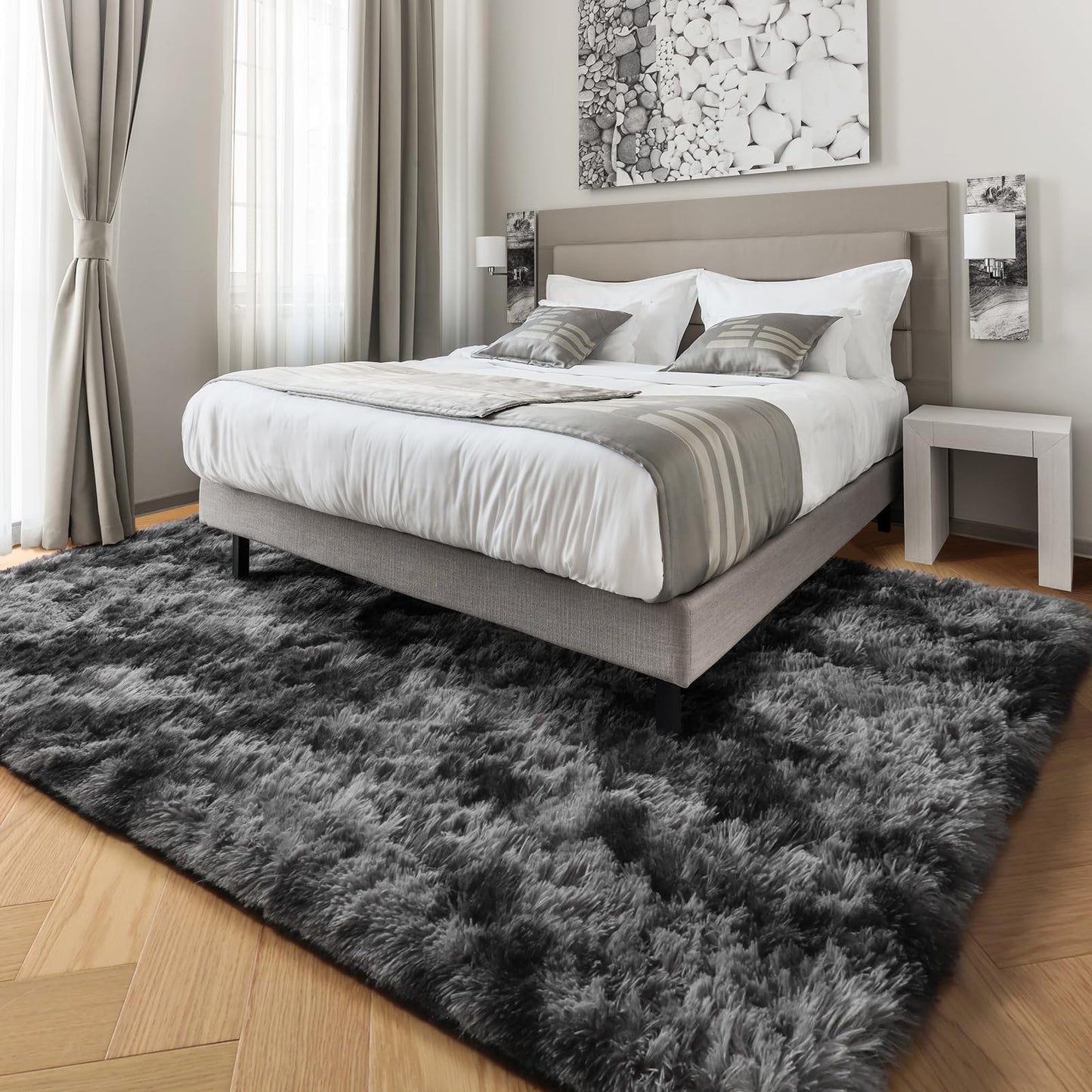 PAGISOFE Abstract Shaggy Area Rug 4' x 6' Plush Furry Rugs for Living Room, Tie-Dyed Dark Grey Soft Fluffy Rugs for Bedroom Grils Boys, Fuzzy Rug for Nursery, Dorm. Shag Carpet for Kids Room Decor