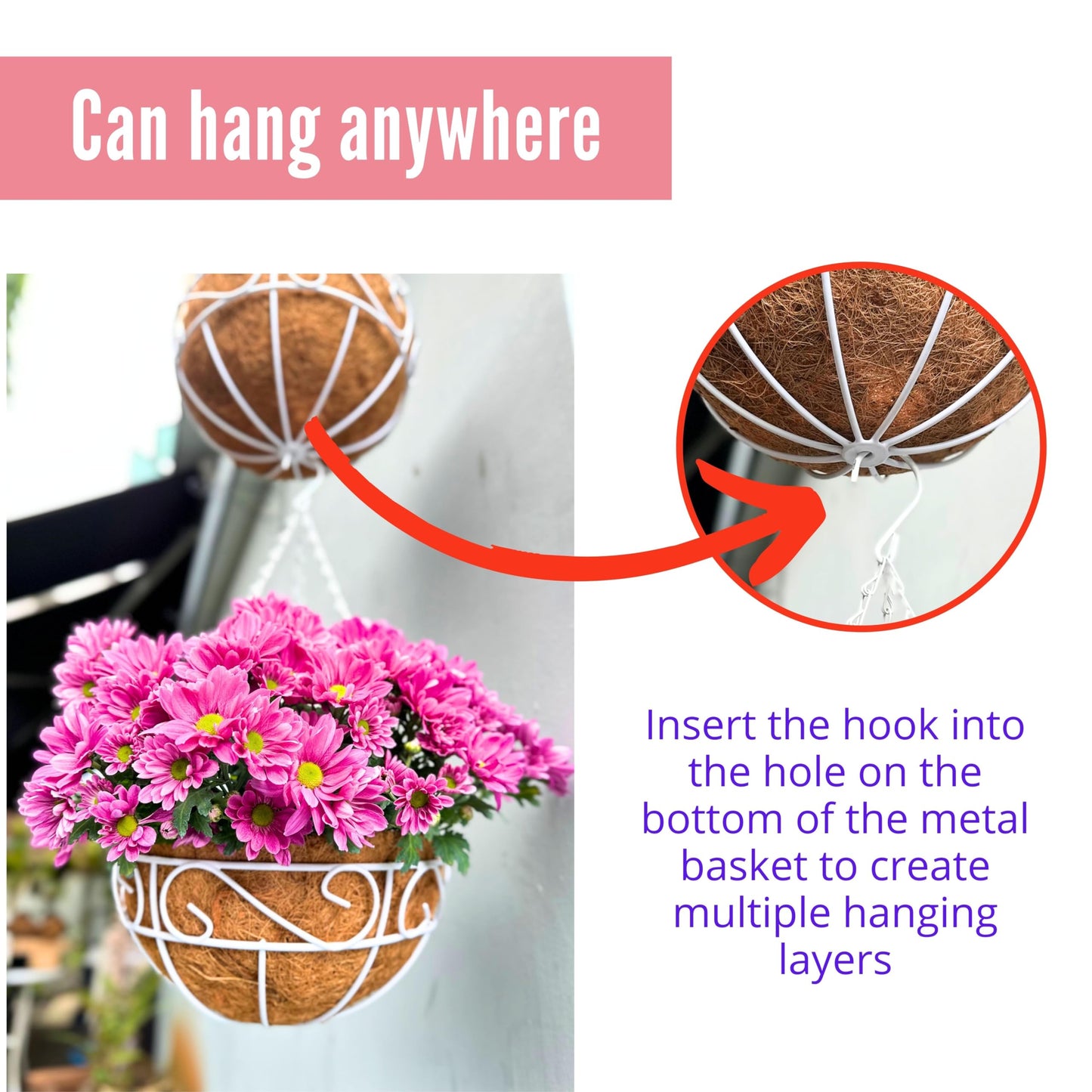 LaLaGreen Hanging Planter for Outdoor Plants (2 Pack, 12 Inch) White Hanging Baskets with Coco Liner, Metal Wire Flower Basket Pots with Hook Hanger Balcony Porch Farmhouse Country Style Garden Decor
