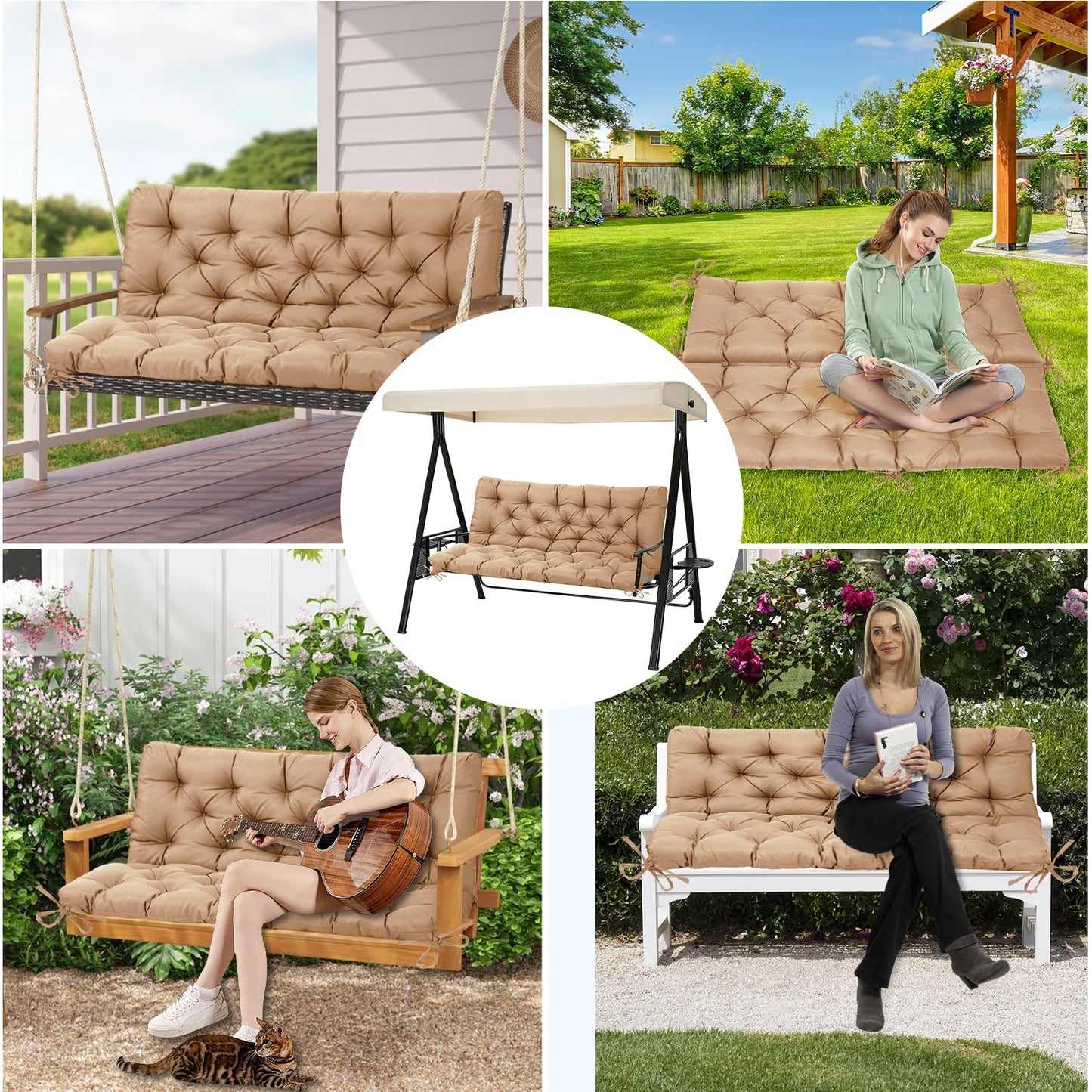 EverPine Outdoor Swing Cushion Replacement Patio Bench Cushion Waterproof Thick Seat Pad for Porch Swing Daybed Garden Sofa Furniture (Khaki)