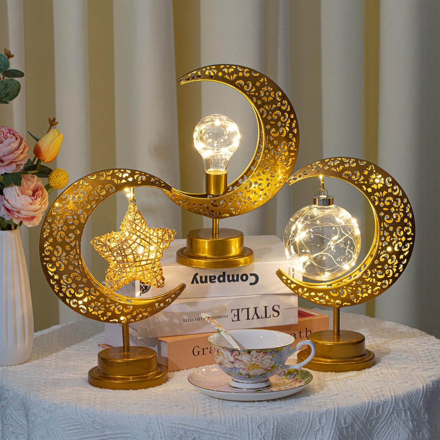 Tujoe 3 Pcs Ramadan Decorations for Home Rustic Moon Lamp Ramadan Star Moon Metal Lights Battery Operated LED Crescent Light Eid Decorations for Home Bedroom Table Ramadan Eid Mubarak Party Decor