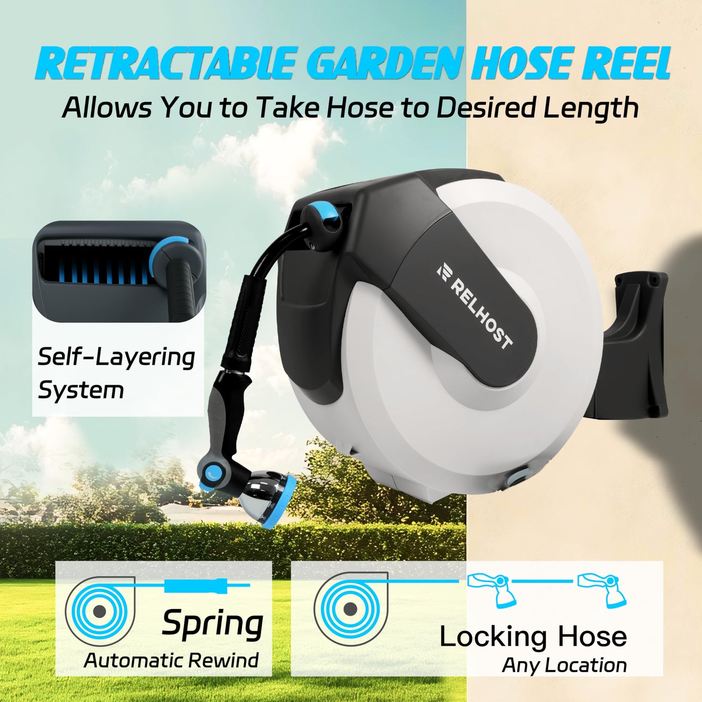 Retractable Garden Hose Reel 1/2 in x 65 ft, Heavy Duty Wall Mount Outdoor Hose with Auto Rewind, Any Length Lock, 180° Swivel Bracket & 10-Pattern Nozzle (White & Grey)