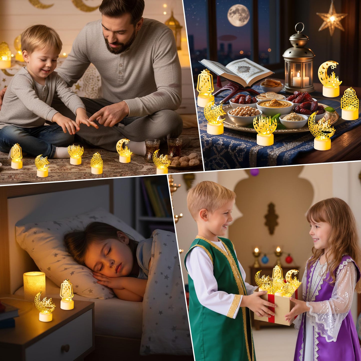 CUweipeng Ramadan Mini Lantern Lights Decoration - 6 Pcs Gold Moon Castle Lighthouse Eid Mubarak Lamp Plastic LED Night Light for Eid Ramadan Party Home Indoor Outdoor Bedroom Tabletop Decoration