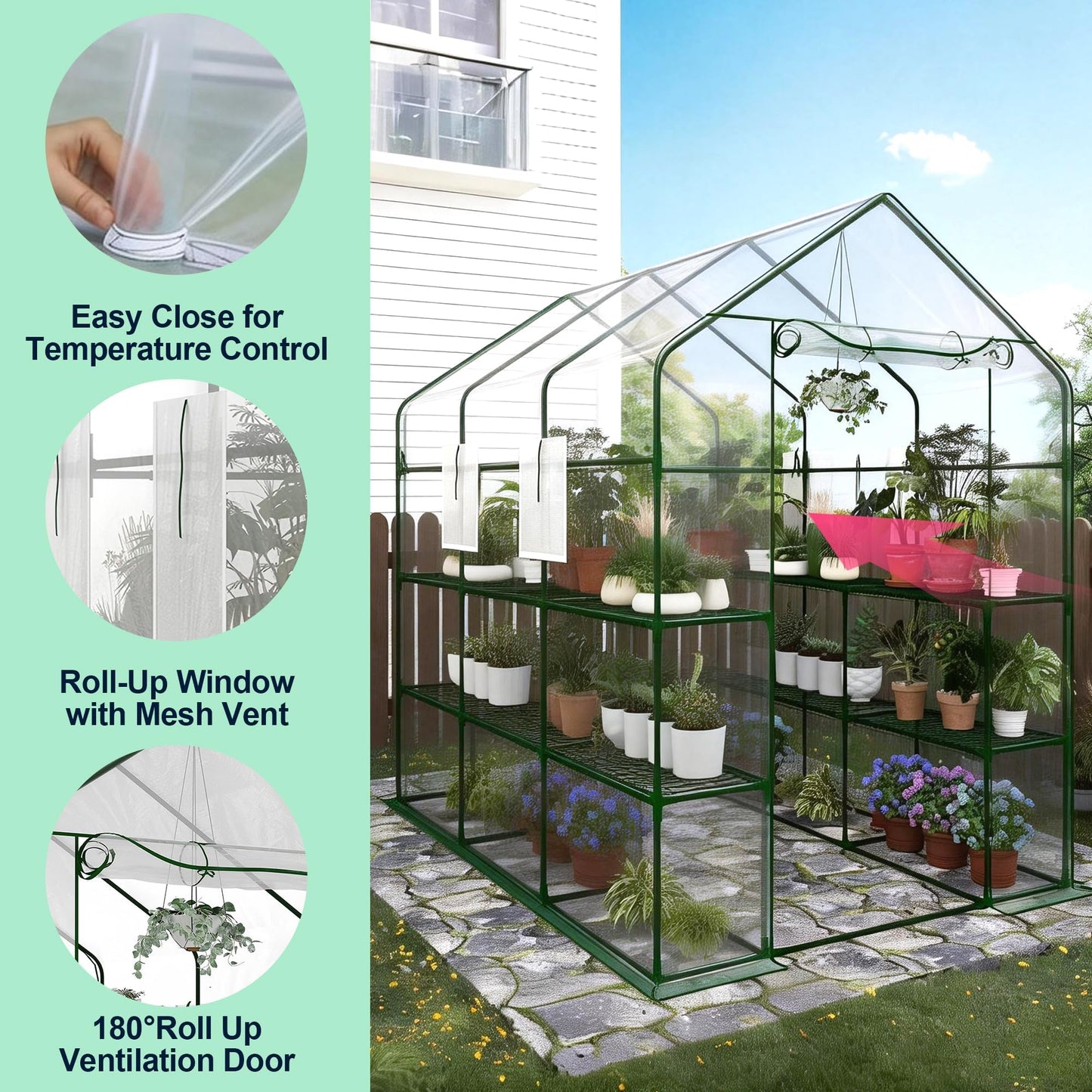 Portable Walk-in Greenhouse for Outdoors, 57 x 85 x 77 Inch Heavy Duty 3-Tier 18-Shelf Greenhouse with Thick PE Cover, Mesh Door & Screen Windows for Plants, Flowers, Seedlings, Herbs & Vegetables