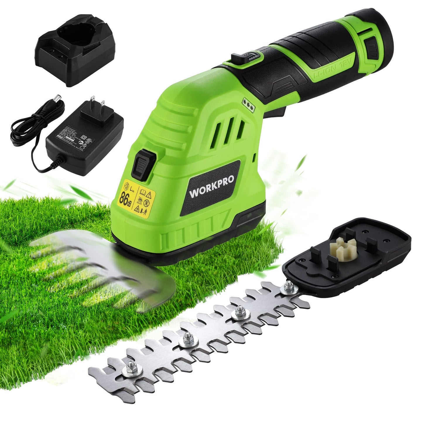 WORKPRO 12V Cordless Grass Shear & Shrubbery Trimmer - 2 in 1 Handheld Hedge Trimmer, Electric Grass Cutter with 2.0Ah Rechargeable Lithium-Ion Battery & 1 Hour Fast Charger
