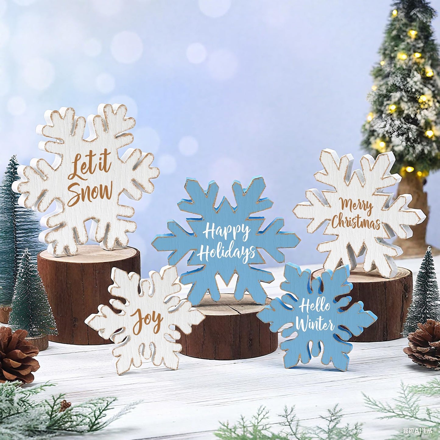 Thyle 5 Pcs Winter Wooden Snowflake Decor Rustic Winter Table Centerpiece White and Blue Wood Blocks with Heartwarming Quote Table Standing Signs for Farmhouse Fireplace Mantel Home