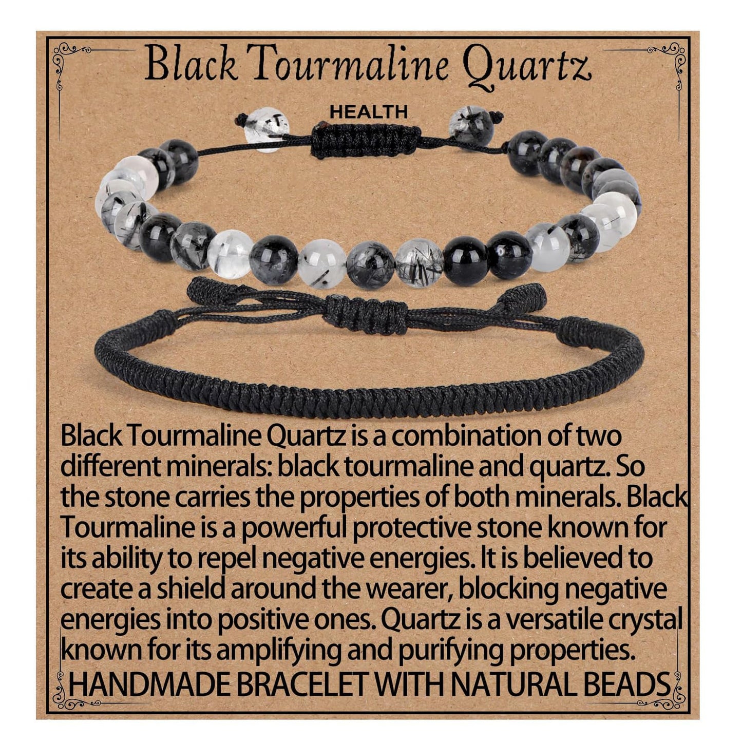 LPBeads 6mm Black Rutilated Bracelet with Handmade Rope Bracelet Size Adjustable Natural Stone Crystal Healing Bracelets Gifts for Unisex Adults