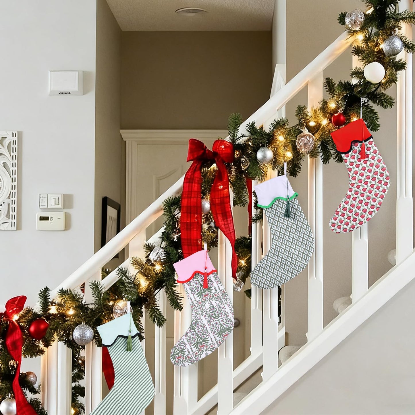 4 Pack Christmas Stockings Green Red Block Print Holiday Scalloped Stockings 22" Canvas Floral Nature Xmas Socks with Tassel Rustic Christmas Hanging Decorations for Stairs Fireplace Xmas Home Decor