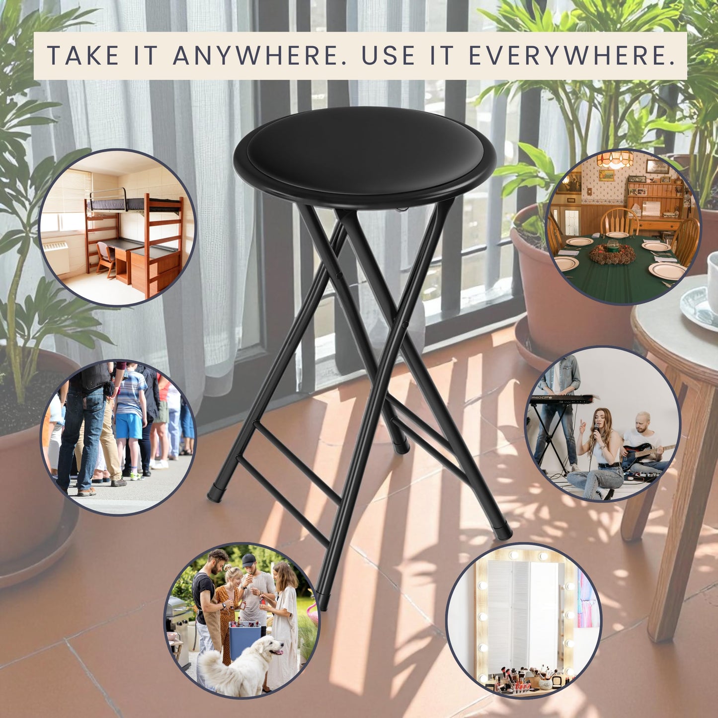 Trademark Home Collection Backless Folding Stool with 225lb Capacity for Kitchen or Rec Room - Portable Indoor Counter Bar Stools (24-Inch, Black)