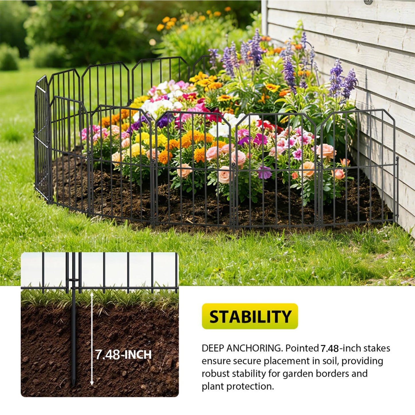 VANCASTLE Decorative Garden Fence, Toatal 10FT(L) x 24IN(H) Outdoor Metal No Dig Fence Animal Barrier, Rustproof No-Tool Assembly Landscape Edging for Yard, Lawn, Patio, Flower Bed-10 Panels Design A
