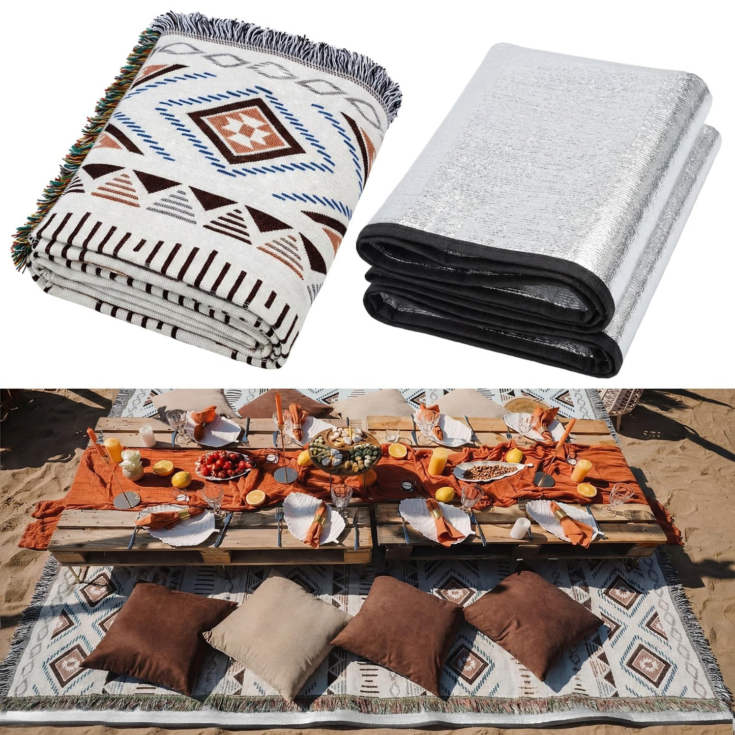 Hahafelt 91x 71 in Extra Large Outdoor Picnic Blanket with Waterproof Mat Oversize Beach Woven Cotton Yarn Blanket with Fringe Machine Sandproof for Spring Summer Camping Beach Park(Diamond,Brown)