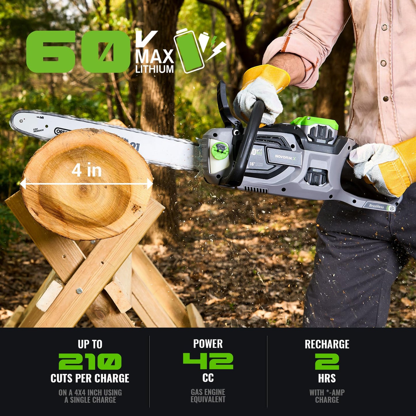 NovorikX 60V Brushless Cordless Chainsaw, 18"&16" Electric Chain Saw with 5.0Ah Battery & Charger, Automatic Oiler, Tool-Free Tension for Tree Trimming & Wood Cutting