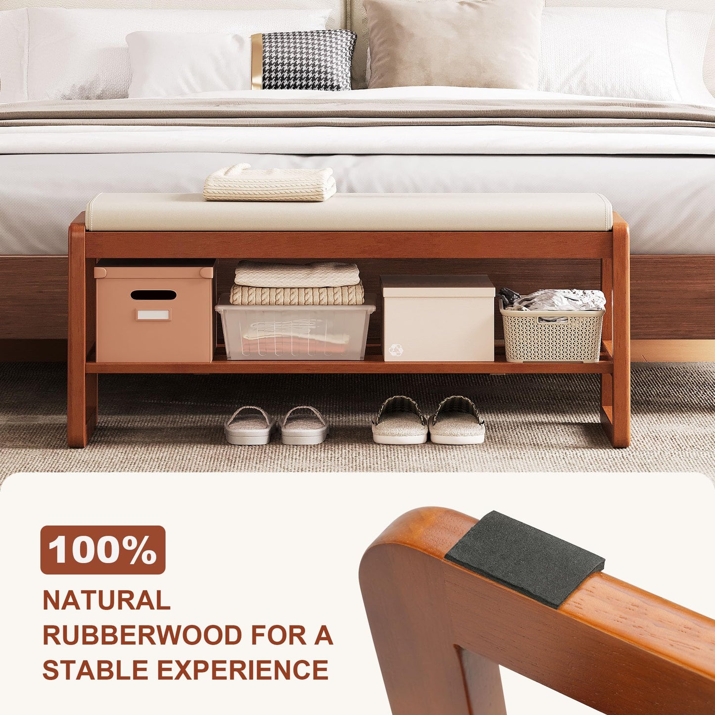 PETKABOO Shoe Bench Storage Rubberwood with Leather Cushion 39.4", Waterproof Easy to Clean 550LBS Organizer Shoe Rack for Entryway, Hallway, Mudroom, Front Door