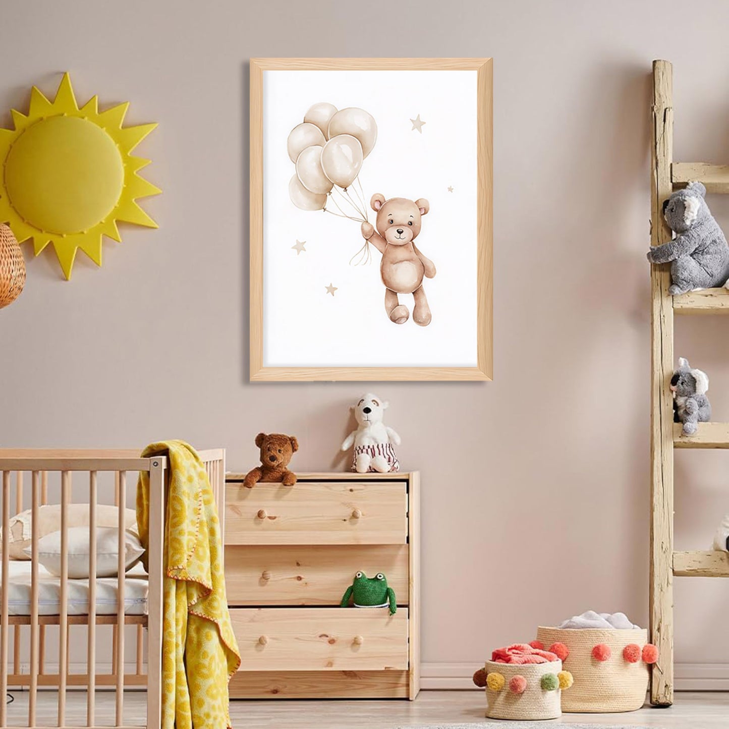 Framed Teddy Bear Wall Art Nursery Decor Set of 3, Bear Sleeping on The Moon and Stars Pictures Canvas, Neutral Bears Poster Prints Wall Decor for Kids Baby Room Girls Children Room – 12x16 inch