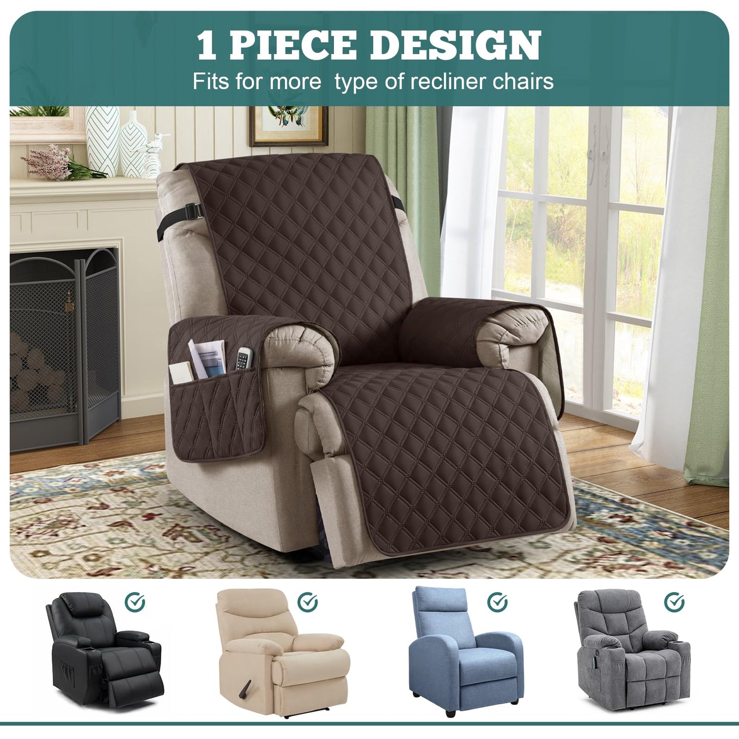 Ruaozz 100% Waterproof Recliner Chair Covers, Non-Slip Reclining Covers for Recliner Chair Washable Chair Cover, Recliner Covers with Pockets for Kids, Dogs, Pets (Chocolate, 23'')