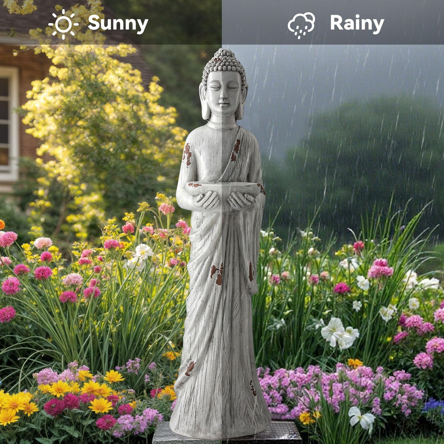 Ultym 42" Extra-Large Buddha Outdoor Statue with Birdfeeder, Tall Zen Meditative Buddha Figures, Durable Weatherproof MGO Sculpture for Garden, Patio, Yard, Porch or Indoor Home Decor