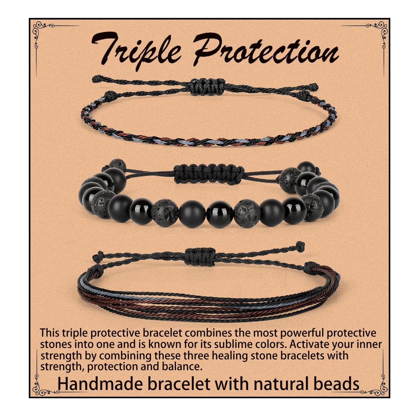QOGIR Handmade Healing Bracelets,8mm Natural Black Onyx Black Lava Beaded Bracelet,for Men Women Gifts with 2PCS Size Adjustable Rope Bracelets