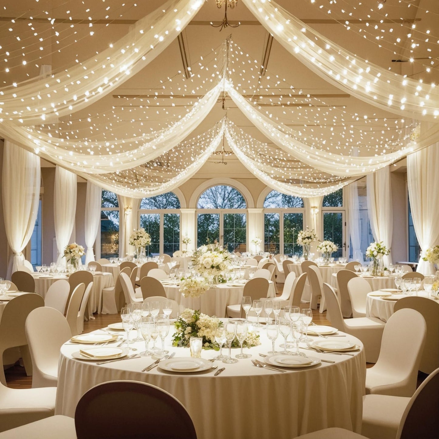 Ivory Ceiling Drapes with Lights - String Drapes for Wedding & Party Decorations - 5ftx10ft Sheer Tulle Curtains