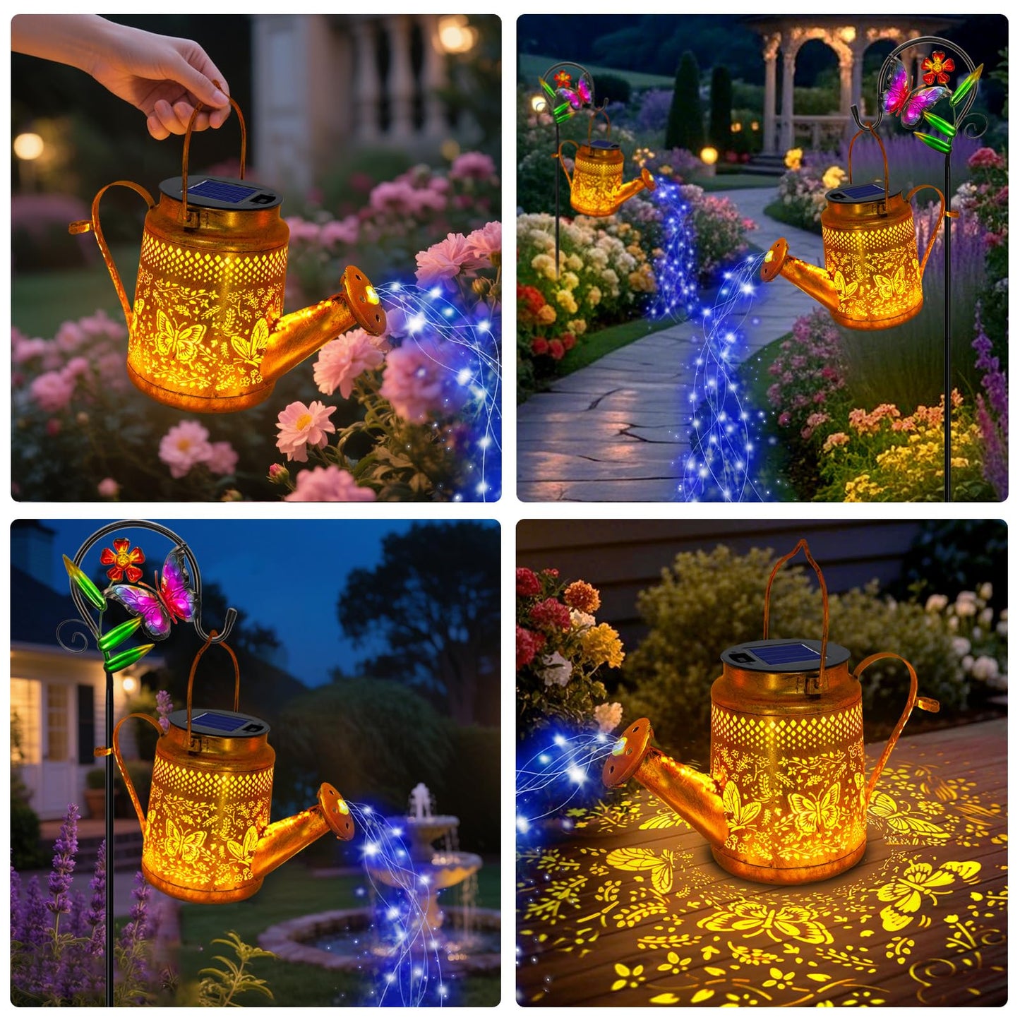 ANGMLN Butterfly Solar Lights Outdoor Waterproof, Solar Watering Can Lights with Shepherd Hook, Metal Hanging Lantern Garden Decor Yard Outside Patio Lawn, Gifts for Mom Grandma Women Birthday
