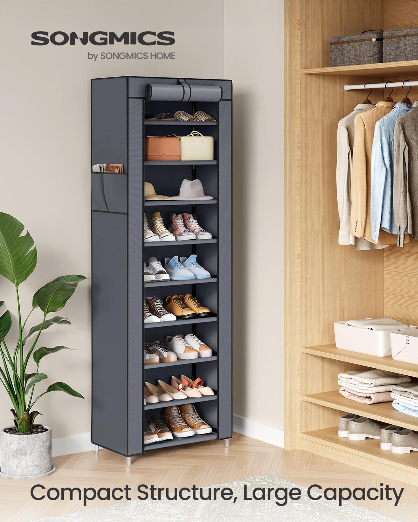 SONGMICS 10-Tier Shoe Rack, Shoe Storage Cabinet with Dustproof Cover, Free-Standing Storage Organizer for Closet, Entryway, Hold 20 Pairs of Shoes, for Sneakers, High Heels, Gray URXJ034GN02